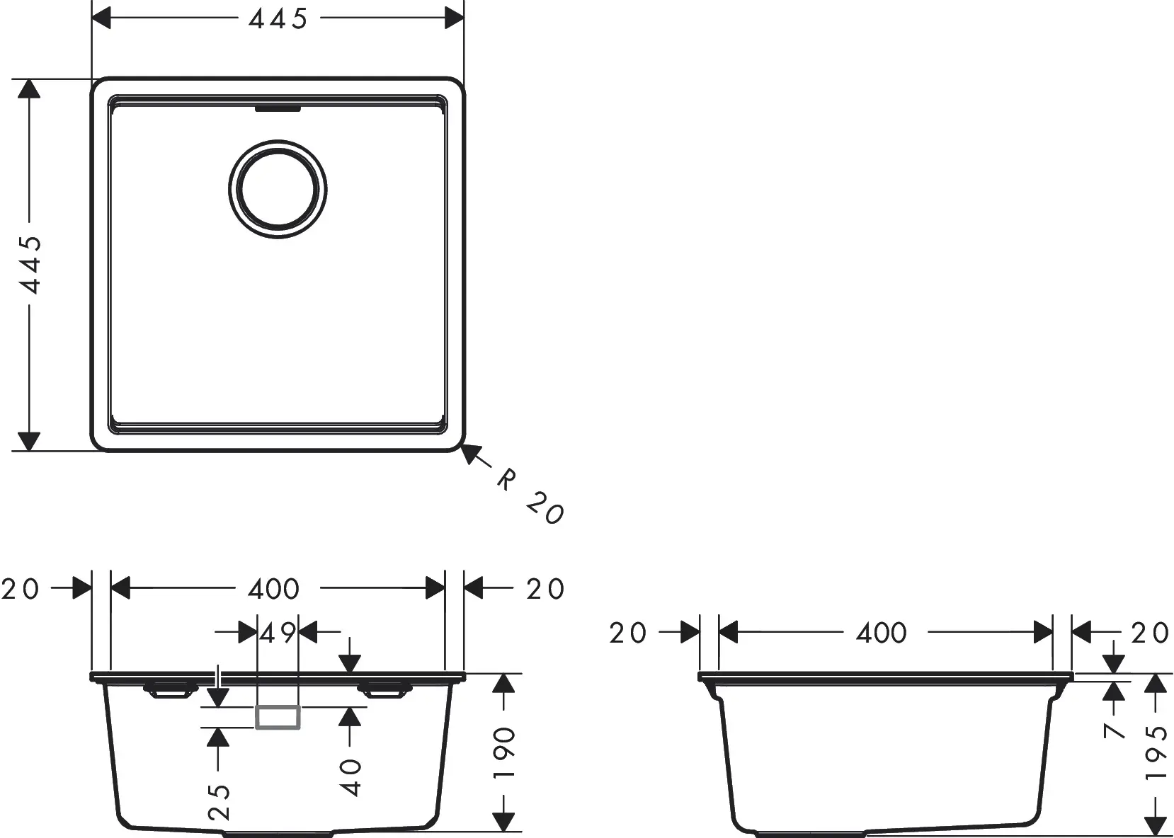 Hansgrohe - S53 S530-F400 Built-in sink 400 with manual drain kit