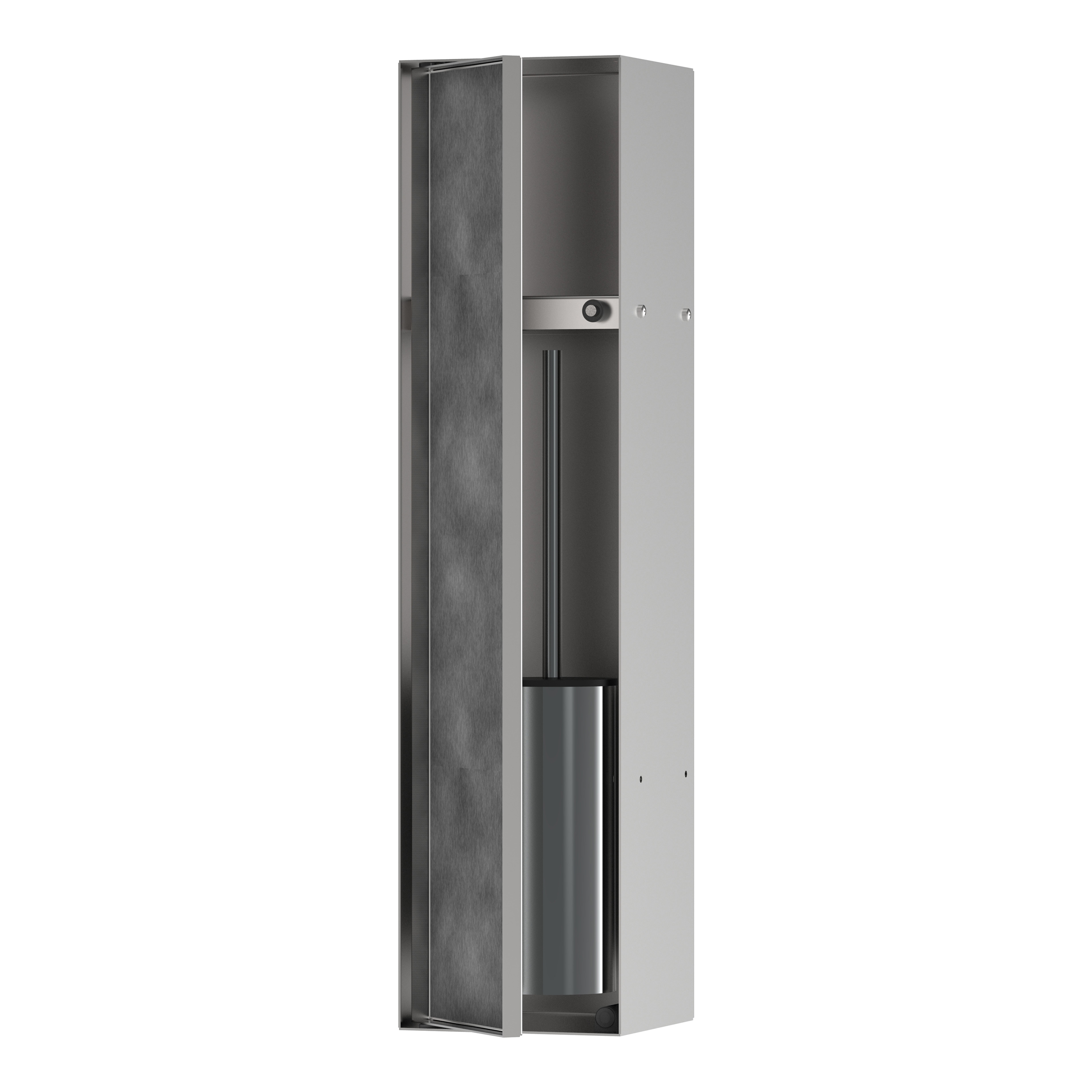 Display product XtraStoris Rock Recessed toilet brush holder with storage shelf and tileable door from manufacturer Hansgrohe