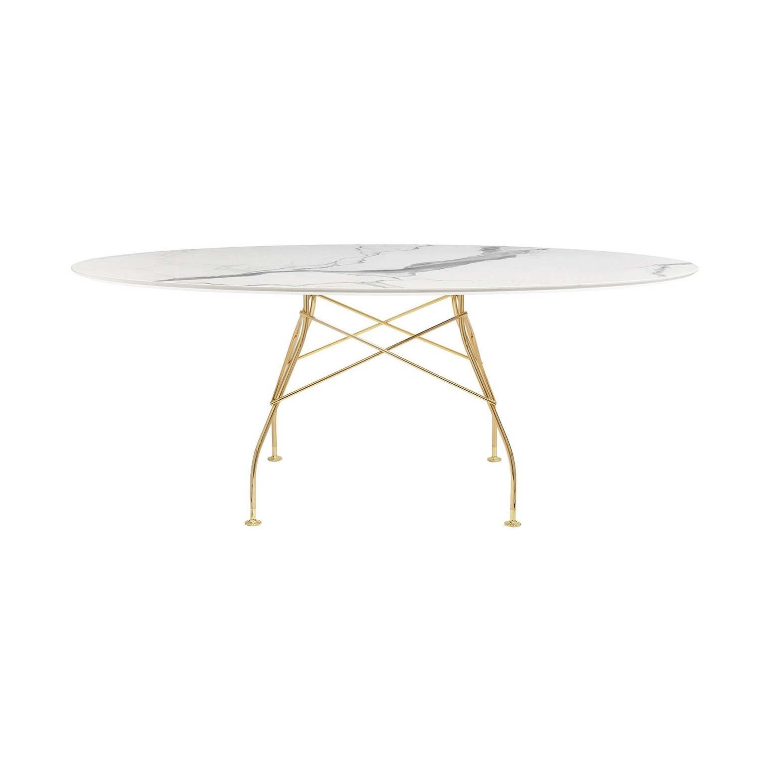 Glossy Marble Oval Bianco Structure: Gold Chrome Steel