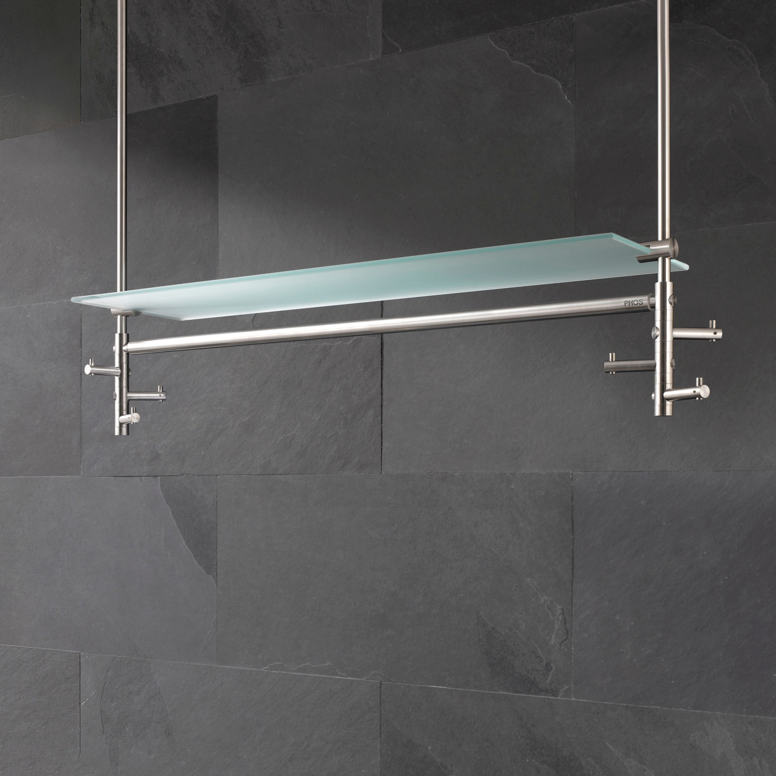 Produkt Hängegarderobe mit Kleiderstange, Deckenmontage mit Glasablage des Herstellers PHOS Design anzeigen