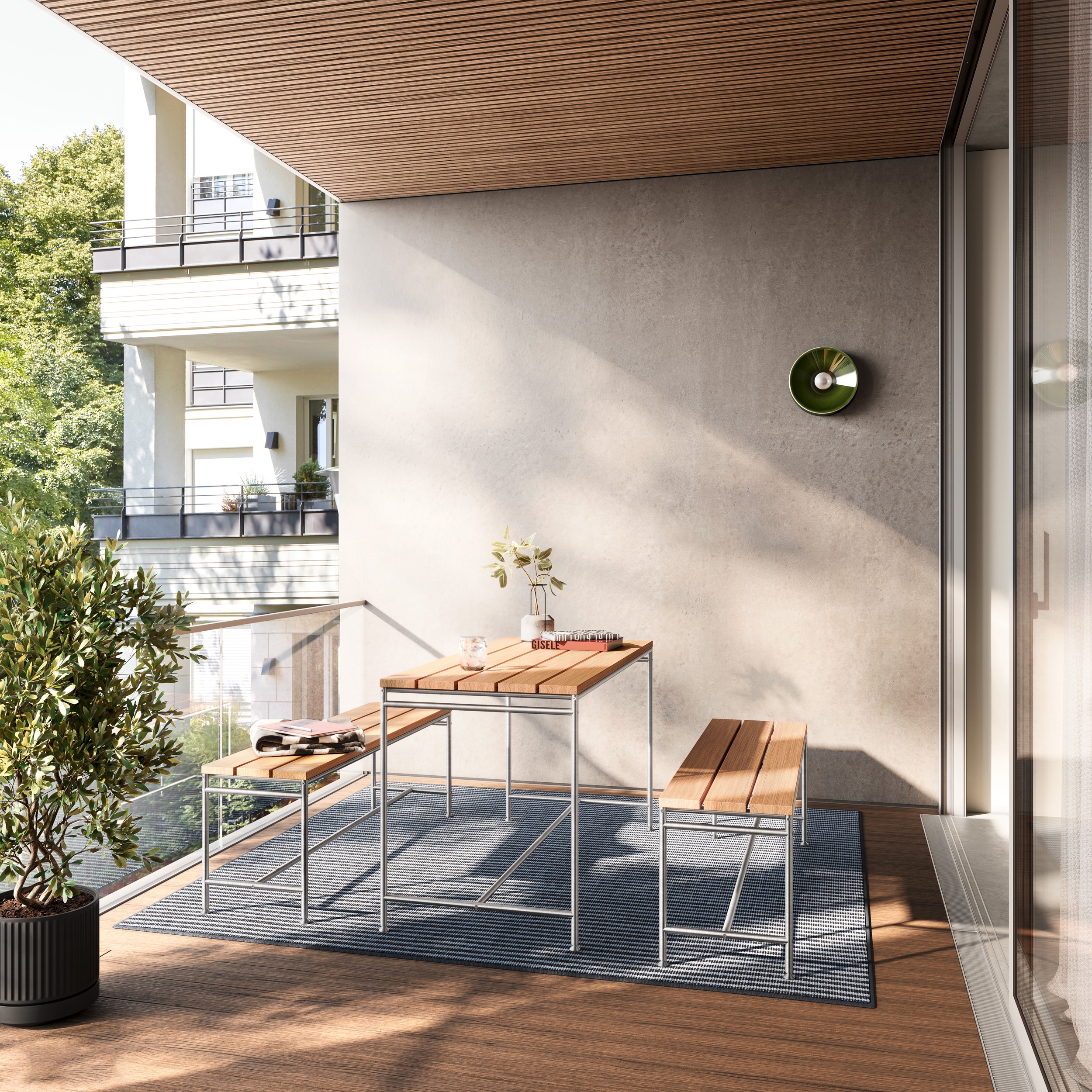 Display product Table and bench group - stainless steel & teak from manufacturer PHOS Design