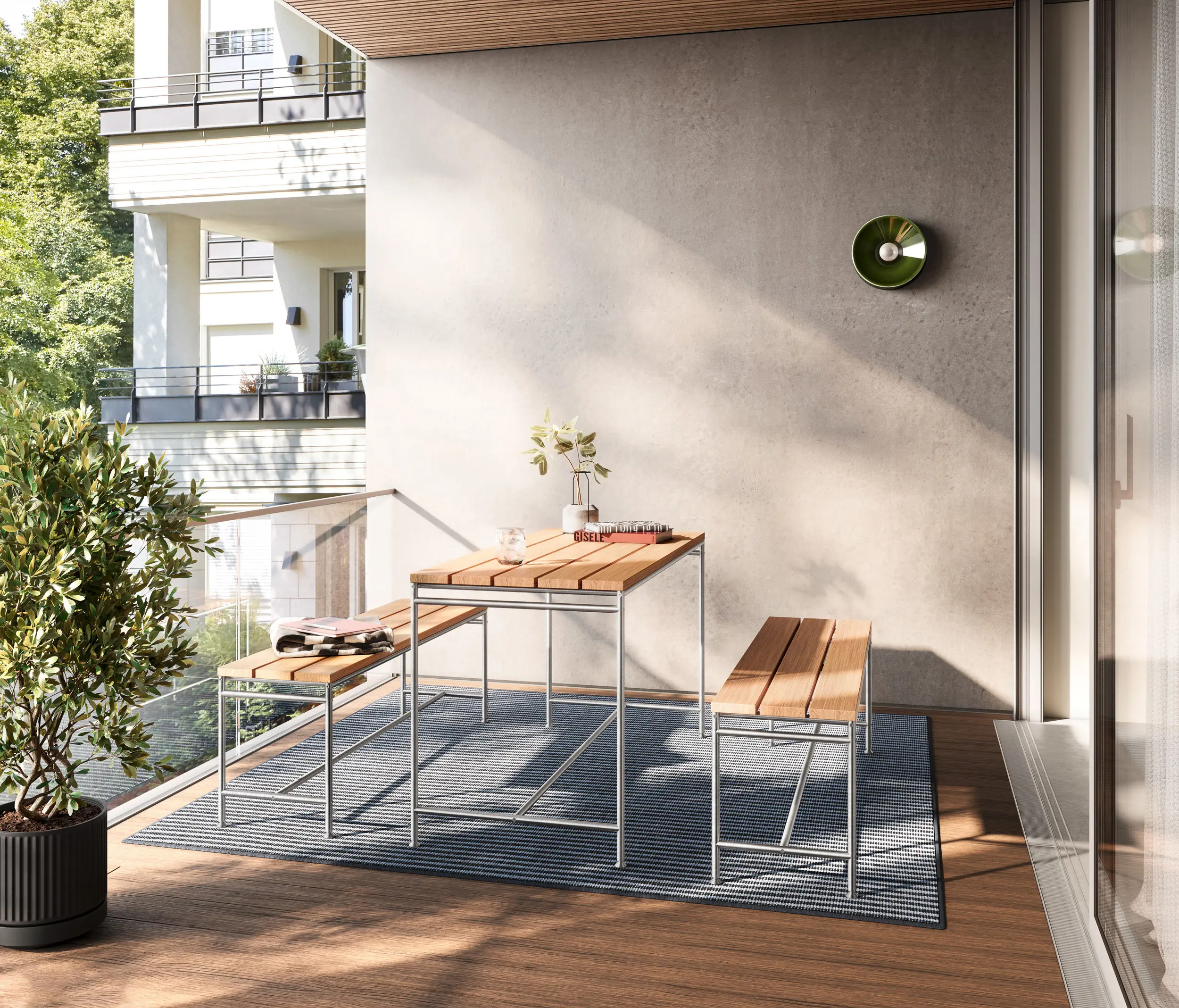 PHOS Design - Table and bench group - stainless steel & teak
