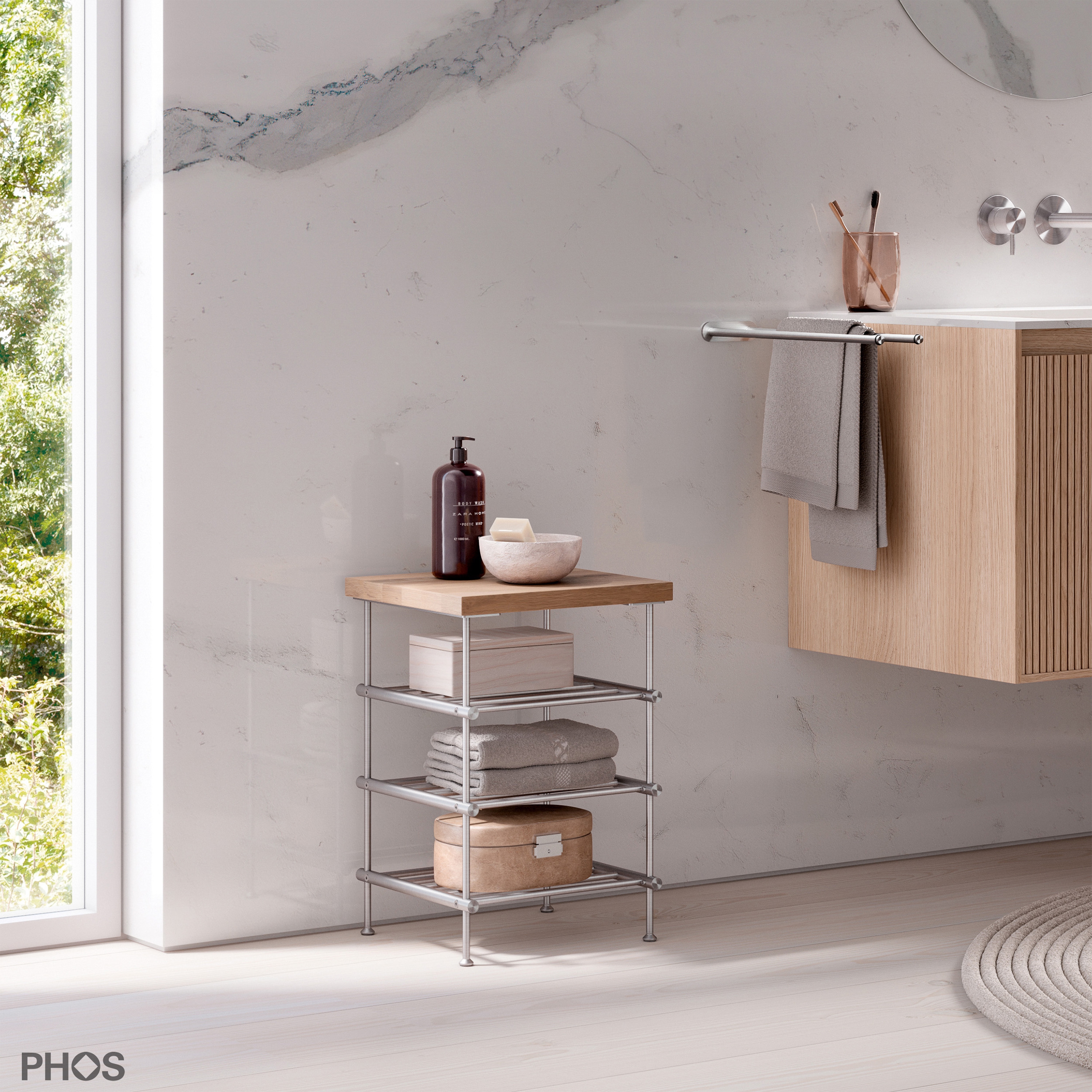 Afficher le produit Étagère de salle de bain étroite avec tablette en chêne 35 cm de large, 50 cm de haut, 3 niveaux du fabricant PHOS Design