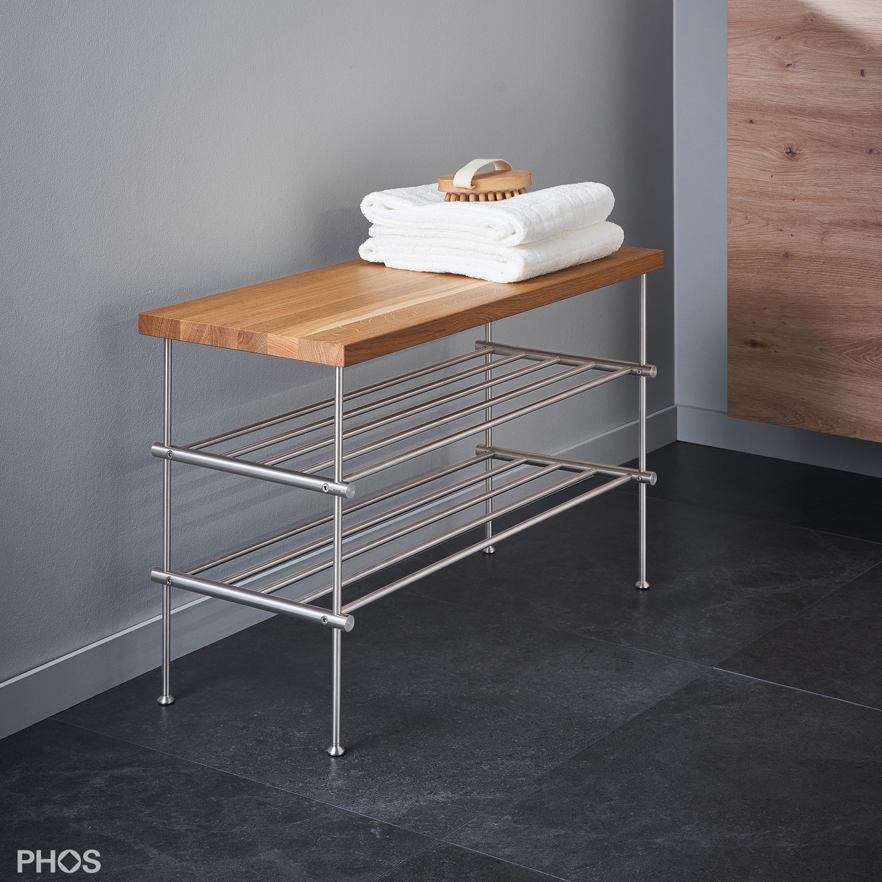 Afficher le produit Etagère de salle de bain en inox avec siège 60 cm du fabricant PHOS Design