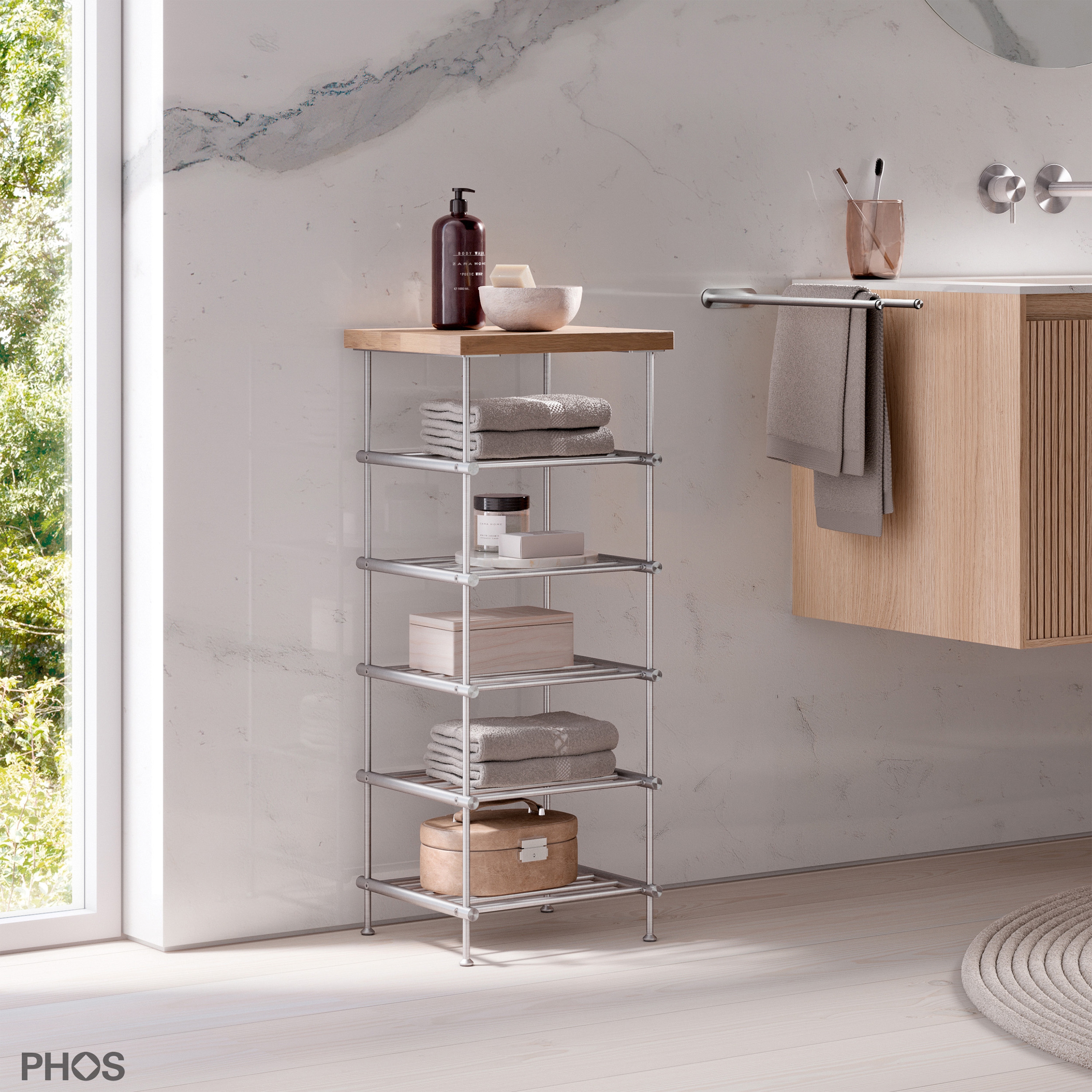 Afficher le produit Étagère de salle de bain étroite et haute avec tablette (chêne), 5 niveaux - largeur 35 cm, hauteur 85 cm du fabricant PHOS Design