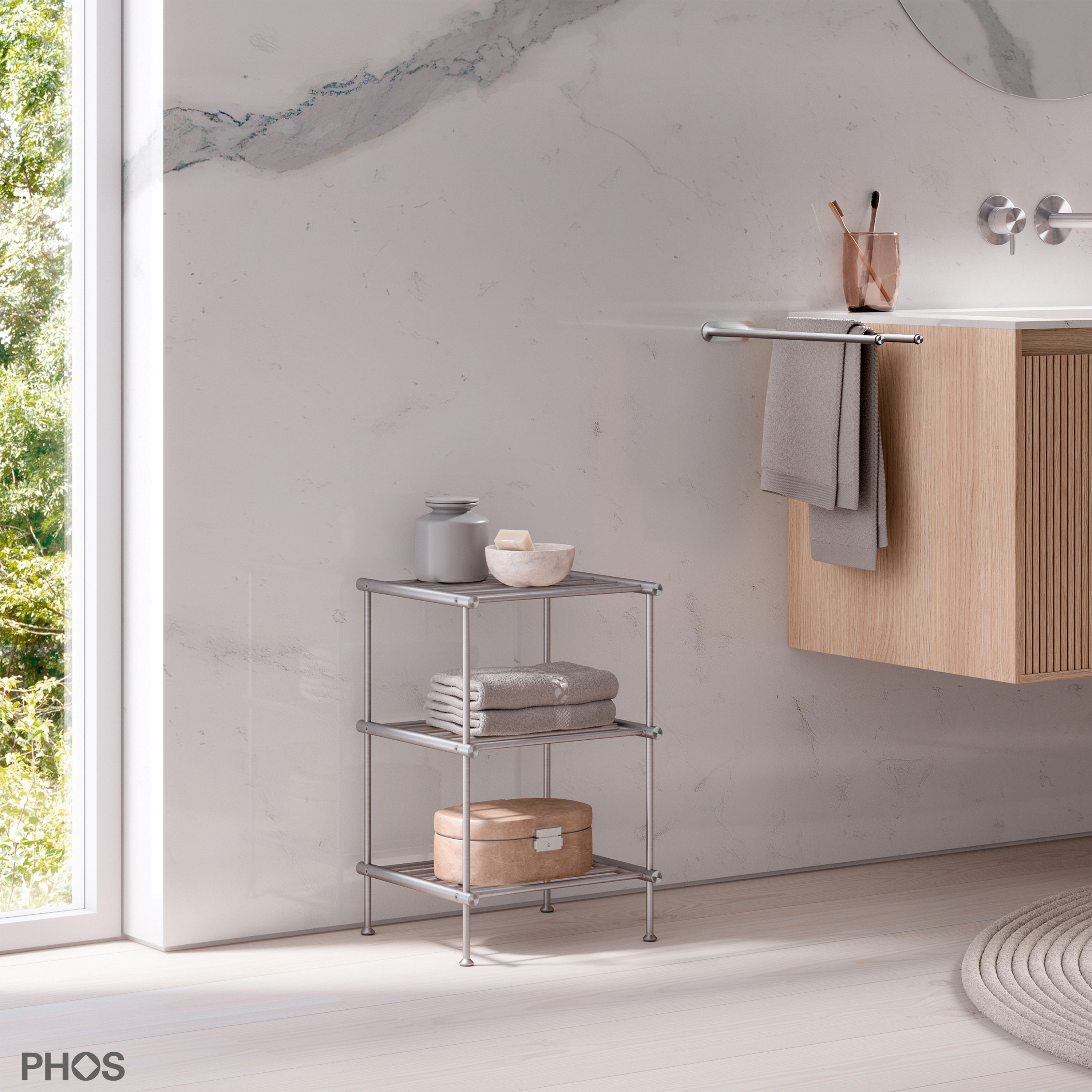 Afficher le produit Étagère de salle de bain étroite sur pied en acier inoxydable - 30 cm, 3 niveaux du fabricant PHOS Design