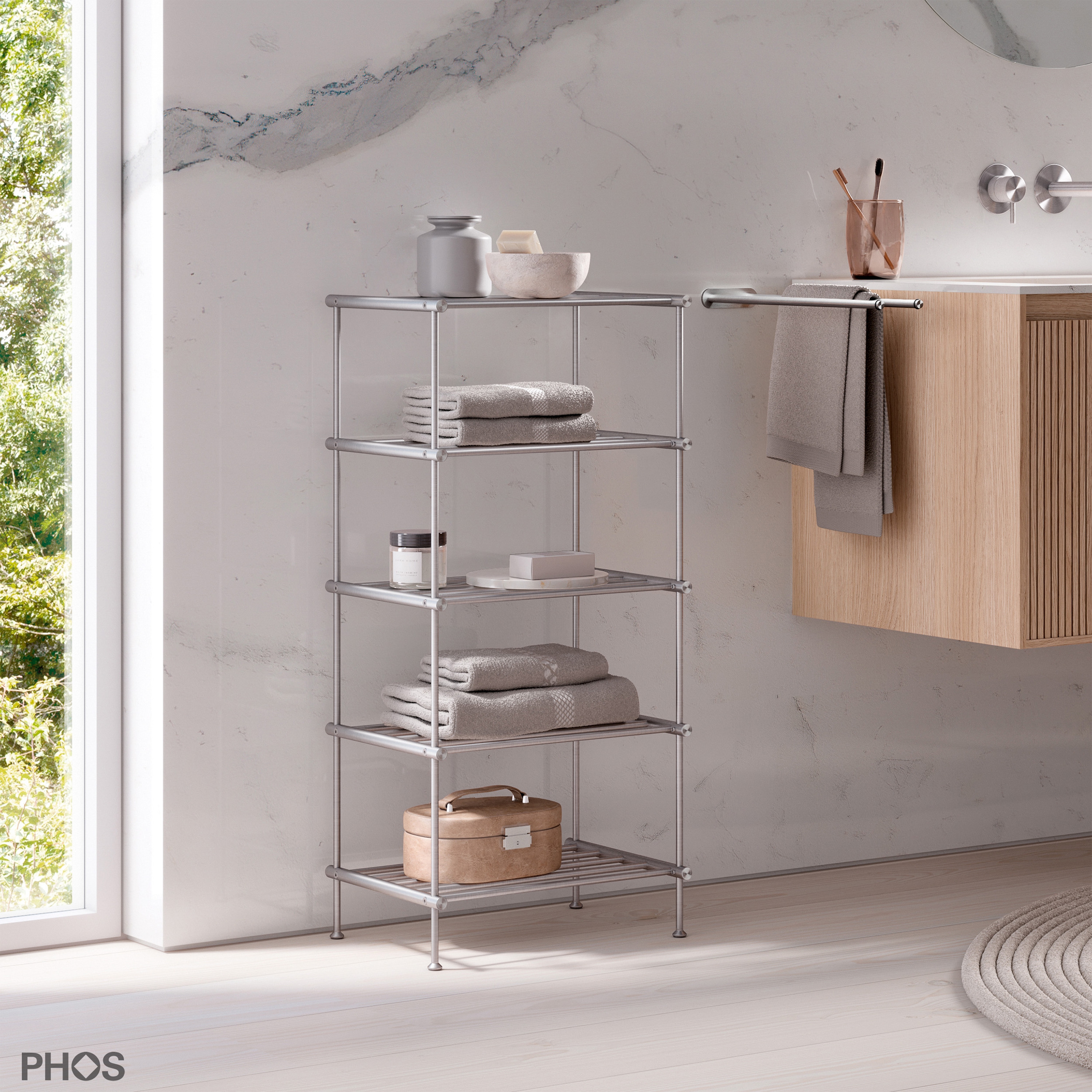 Afficher le produit Étagère de salle de bain étroite sur pied en acier inoxydable - 40 cm, 5 niveaux du fabricant PHOS Design