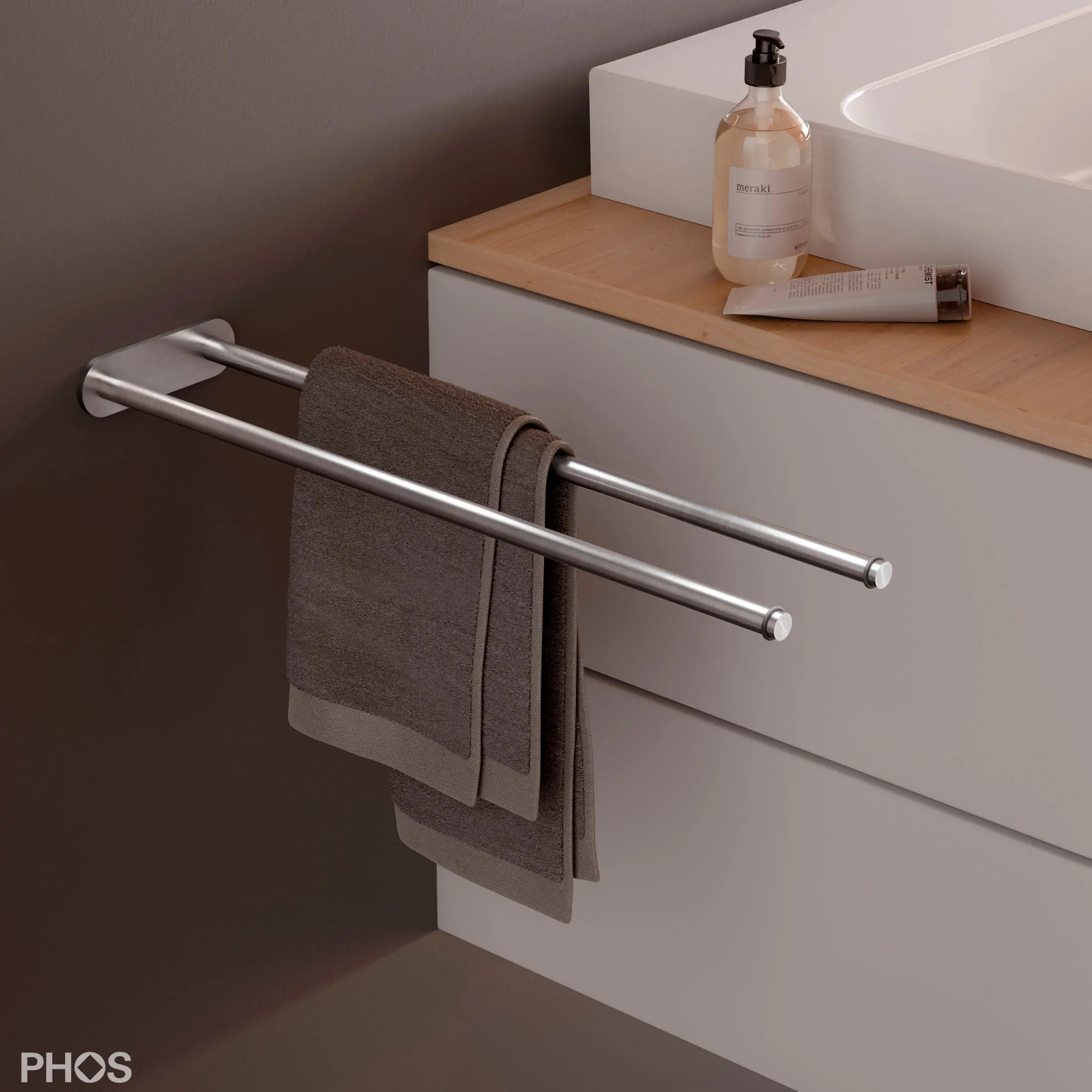 PHOS Design - Double towel rail with O-rings next to the sink