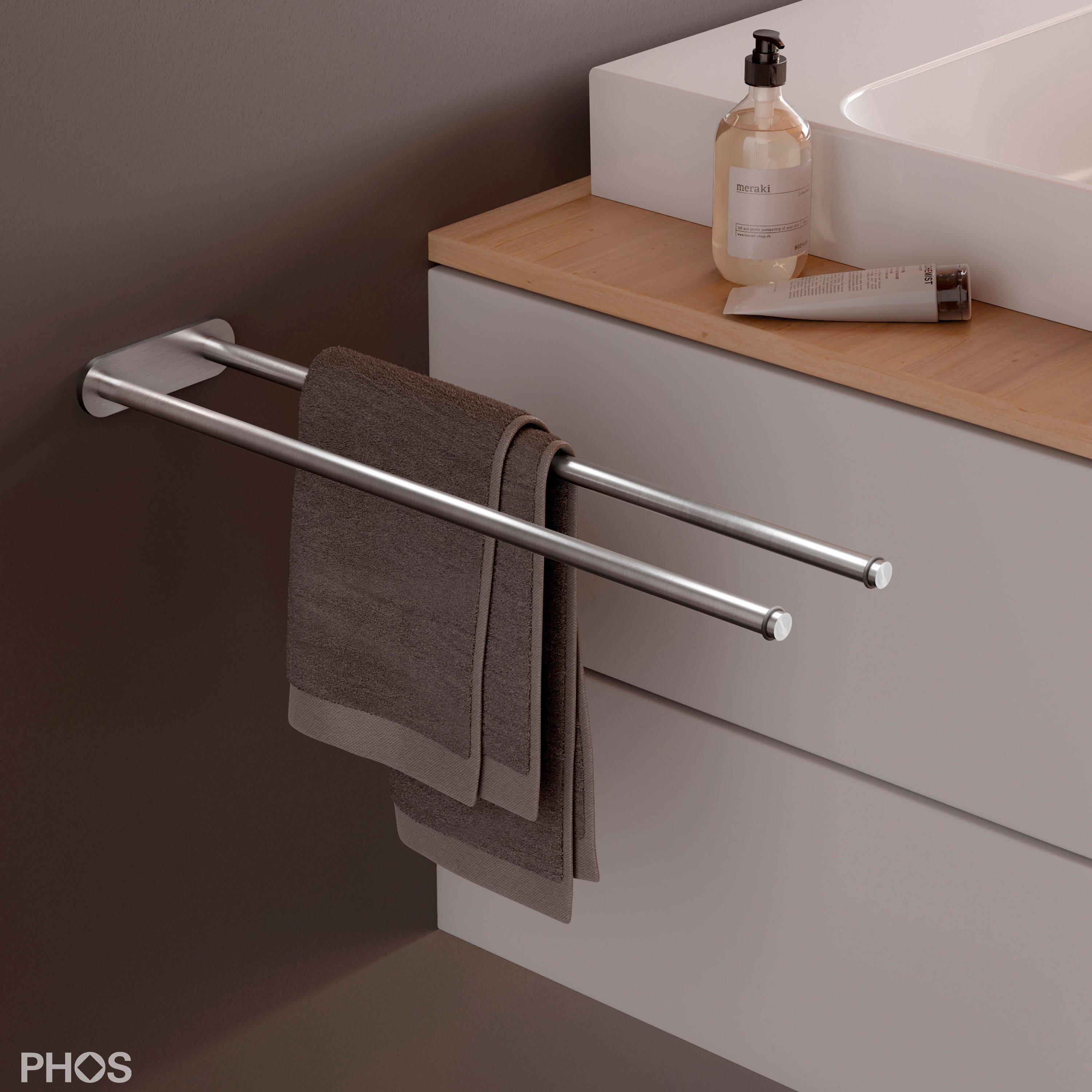 Afficher le produit Double porte-serviettes avec joints toriques à côté du lavabo du fabricant PHOS Design