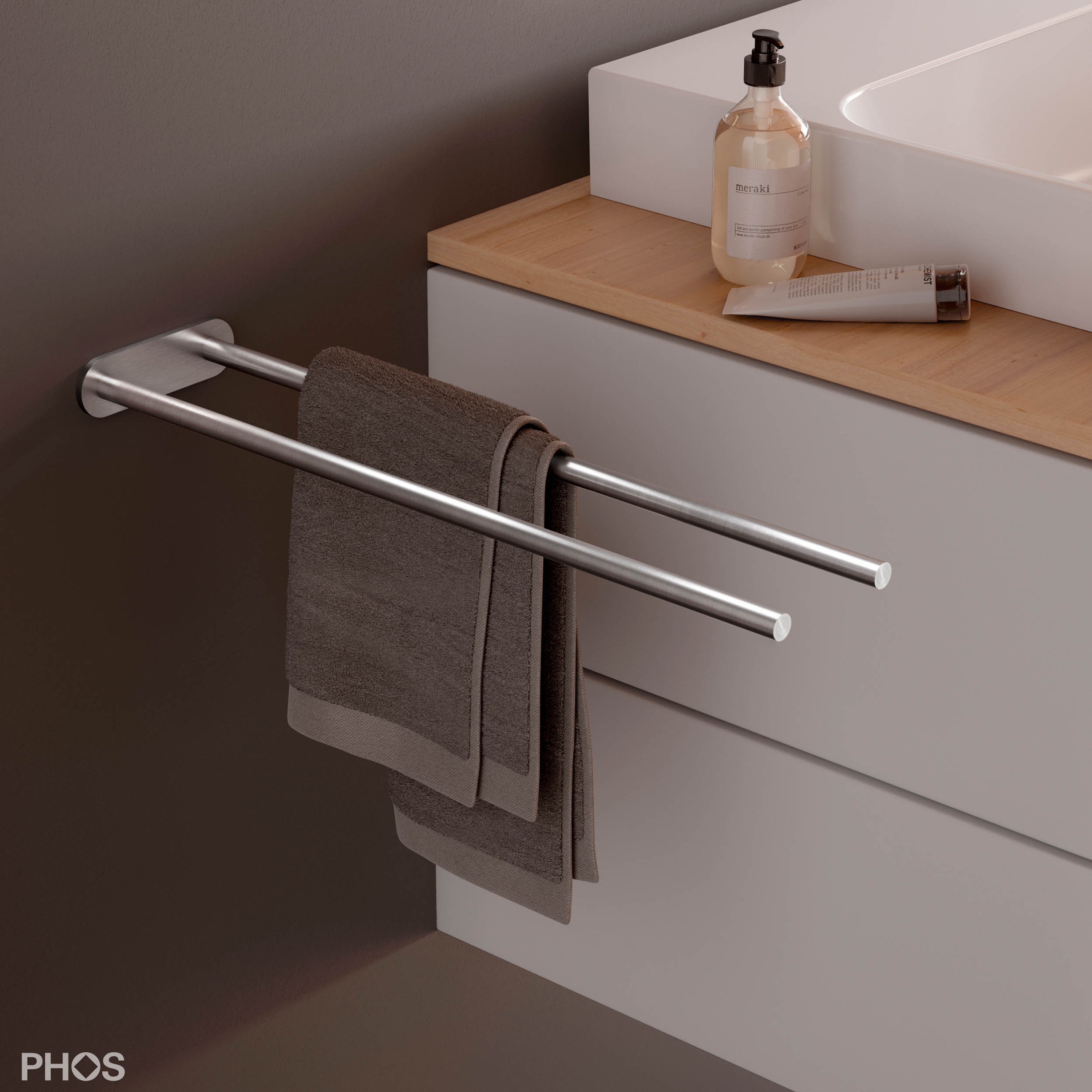 Display product Double towel rail next to the sink from manufacturer PHOS Design
