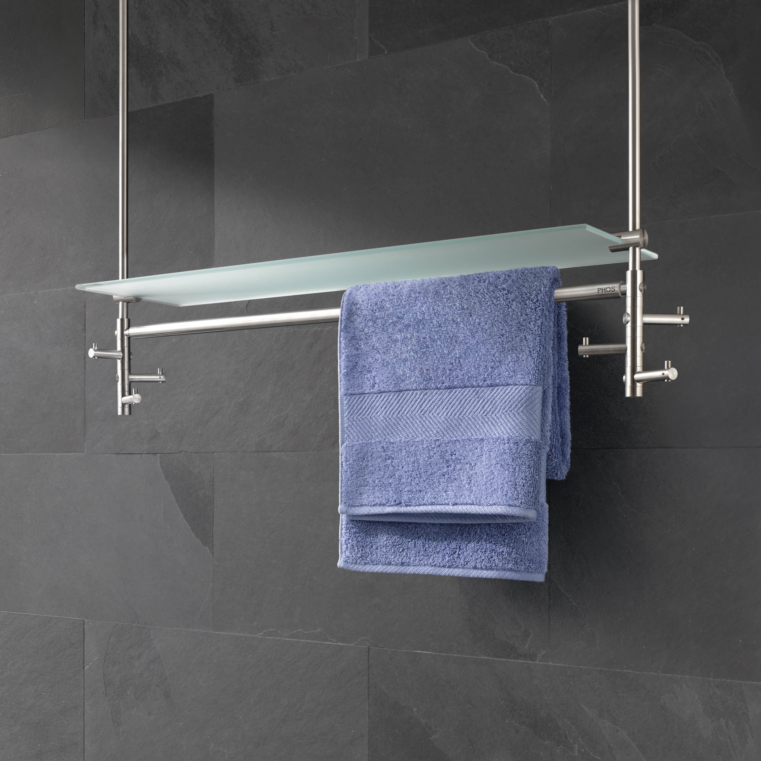 Display product Ceiling-mounted towel rail, 2 x 3 swivel hooks, glass shelf from manufacturer PHOS Design