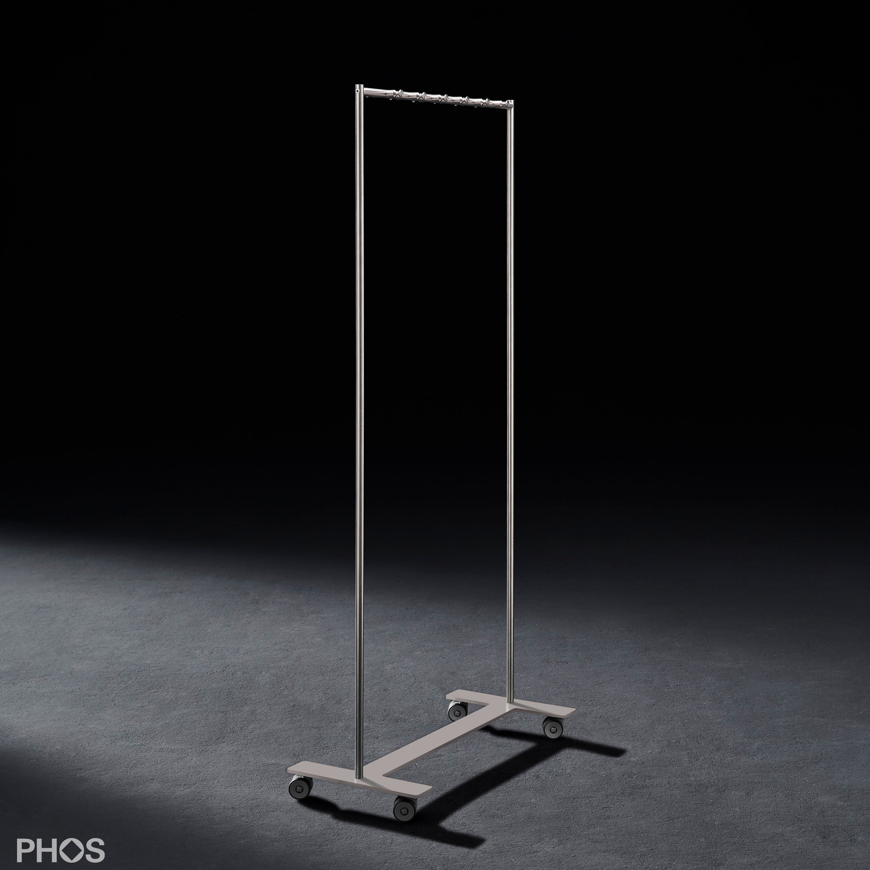 Produkt Minimalistische Rollgarderobe mit Doppel-T Bodenplatte und Hakenstange – 80 cm breit des Herstellers PHOS Design anzeigen
