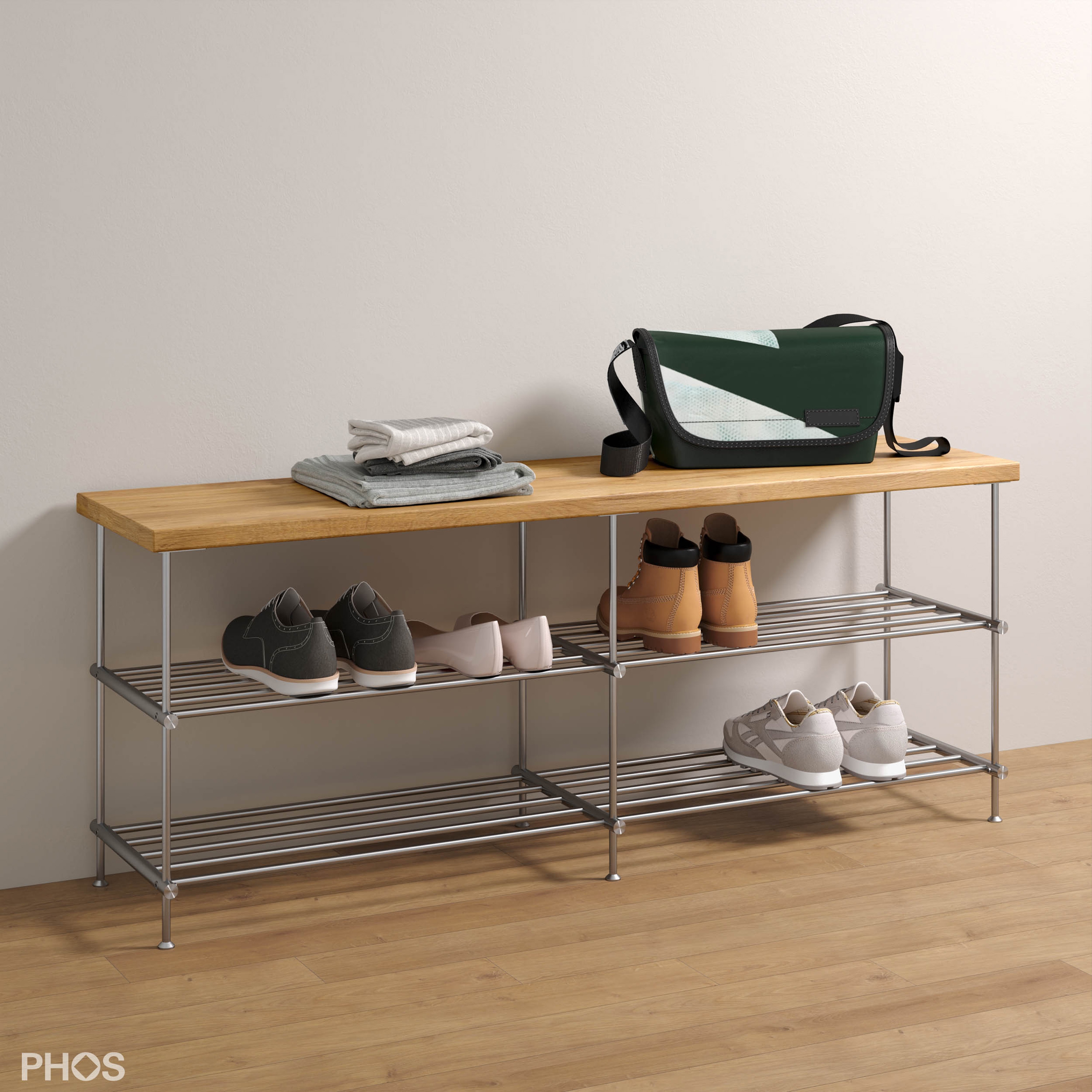 Display product Shoe bench with oak seat and shelf, 2 levels - 120 cm wide from manufacturer PHOS Design