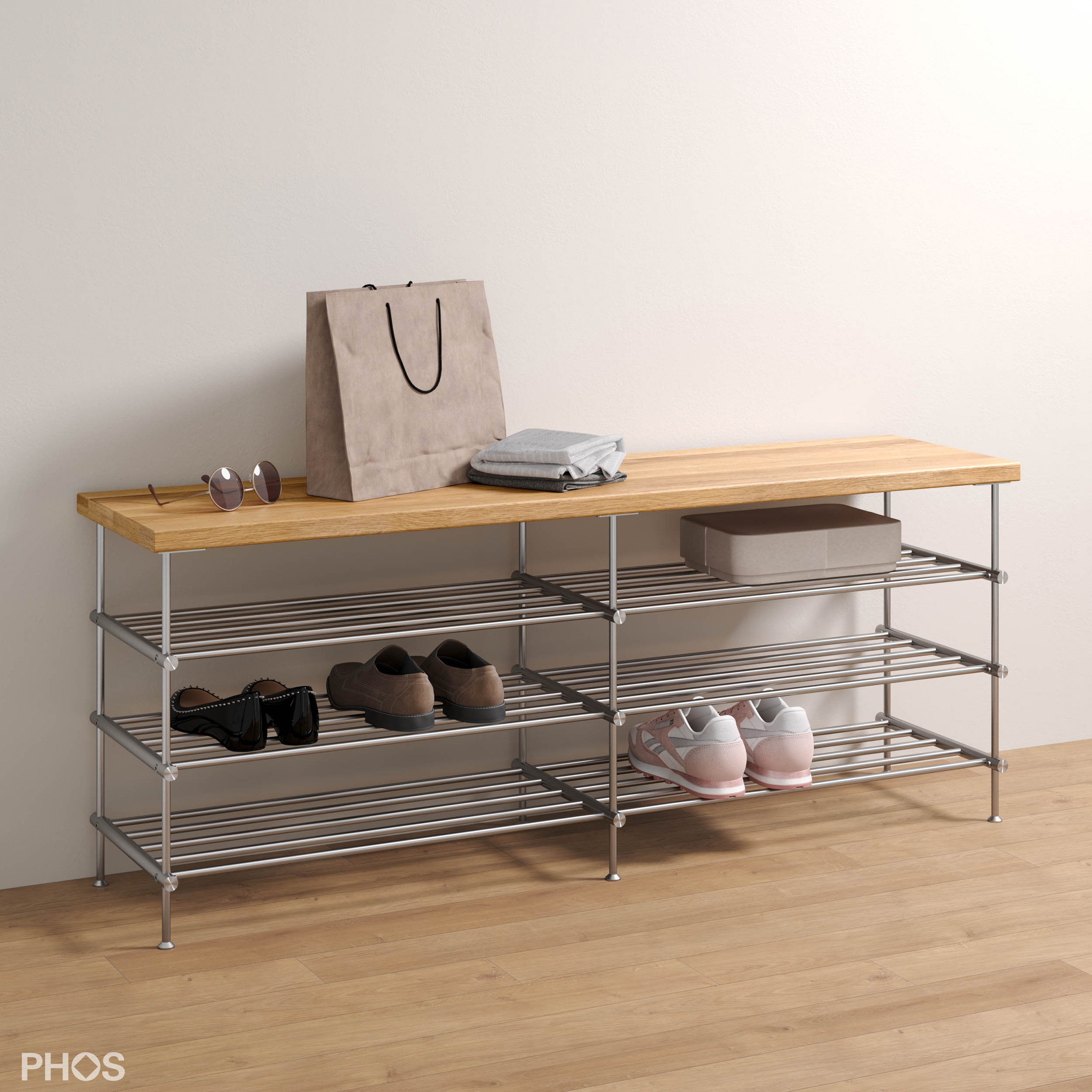 Display product Shoe bench with oak seat and shelf, 3 levels - 120 cm wide from manufacturer PHOS Design
