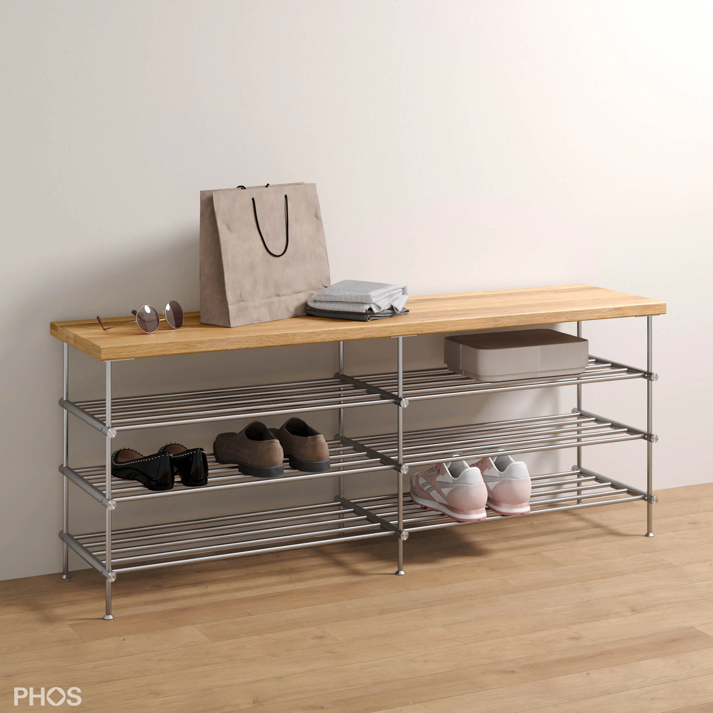PHOS Design - Shoe bench with oak seat and shelf, 3 levels - 120 cm wide