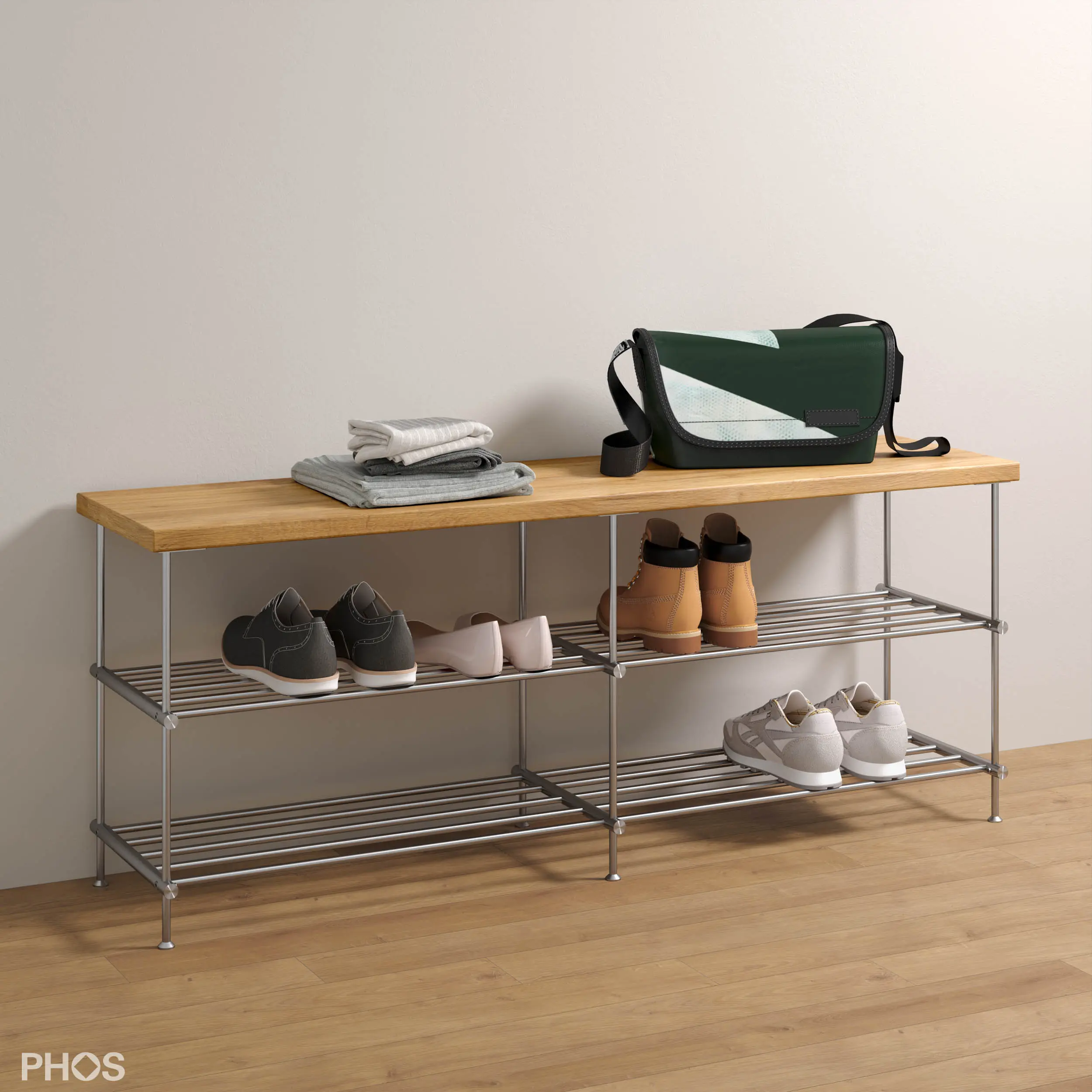 PHOS Design - Shoe bench with oak seat and shelf, 2 levels, 140 cm wide