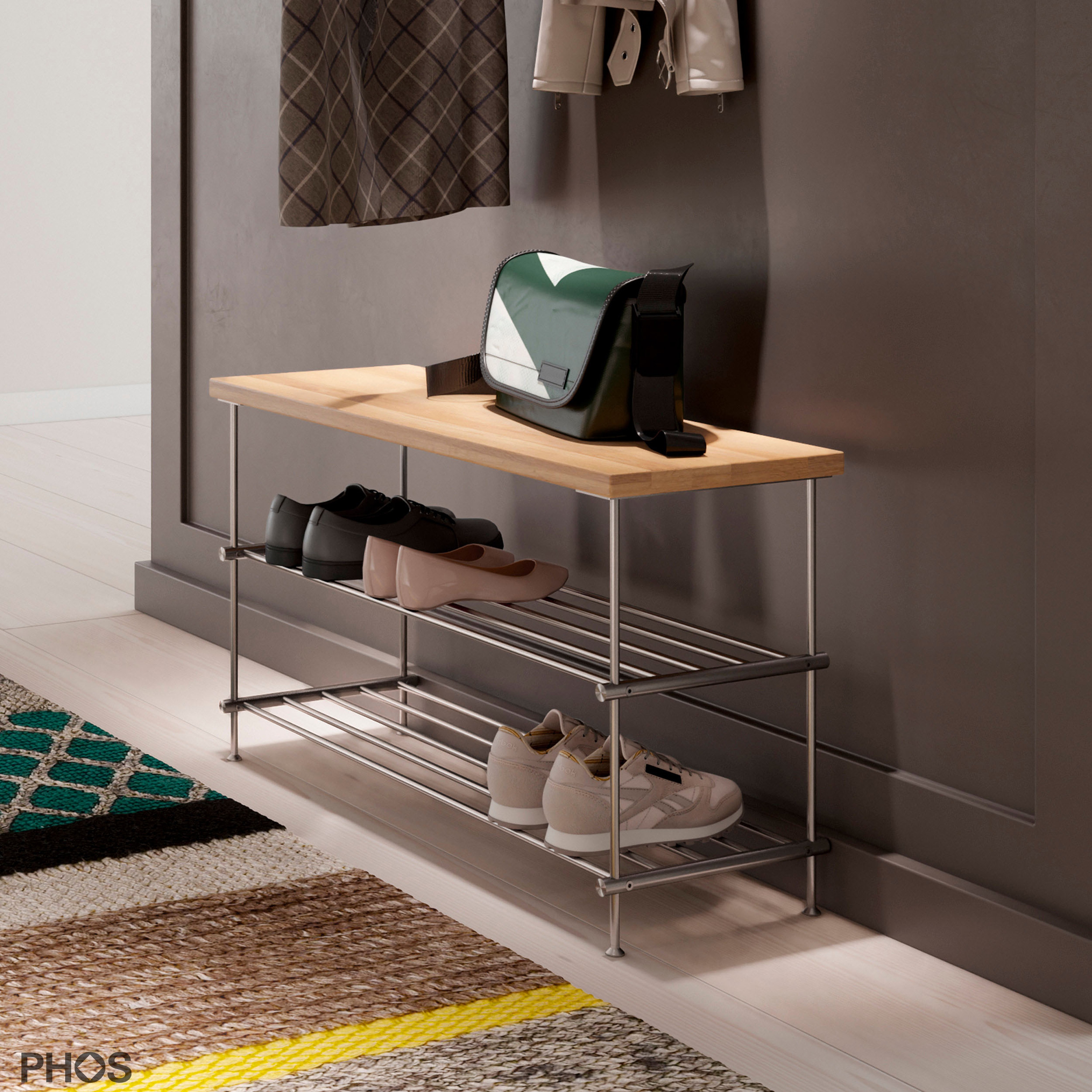 Produkt Schuhbank mit Sitz- und Ablagefläche aus Eiche, 2 Ebenen - 60 cm breit des Herstellers PHOS Design anzeigen