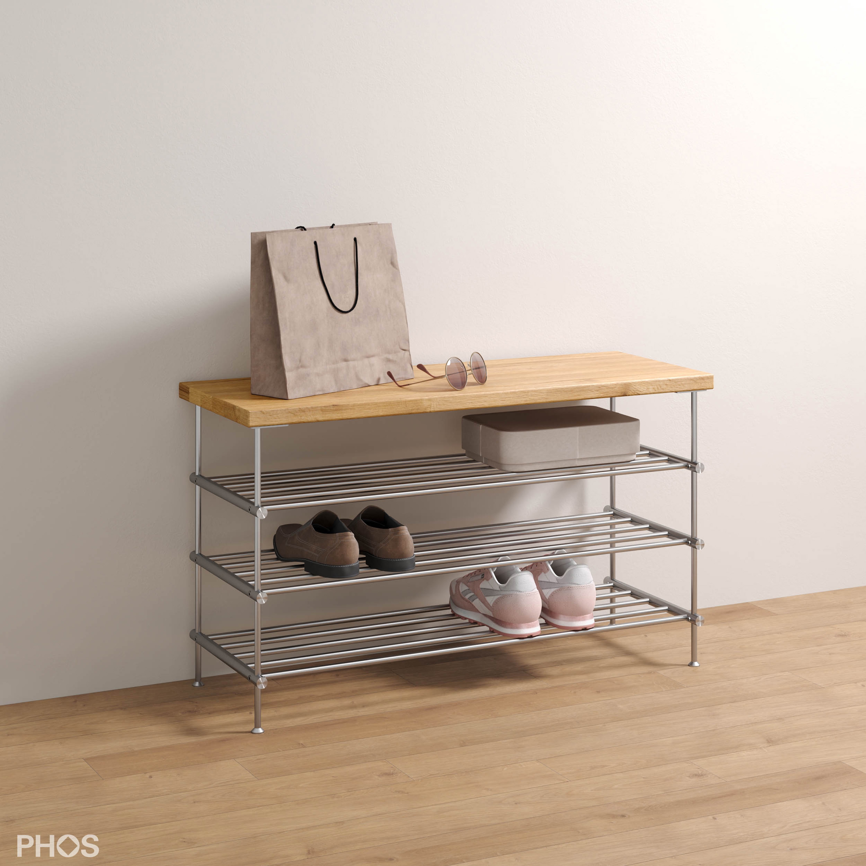 Produkt Schuhbank mit Sitz- und Ablagefläche aus Eiche, 3 Ebenen - 60 cm breit des Herstellers PHOS Design anzeigen