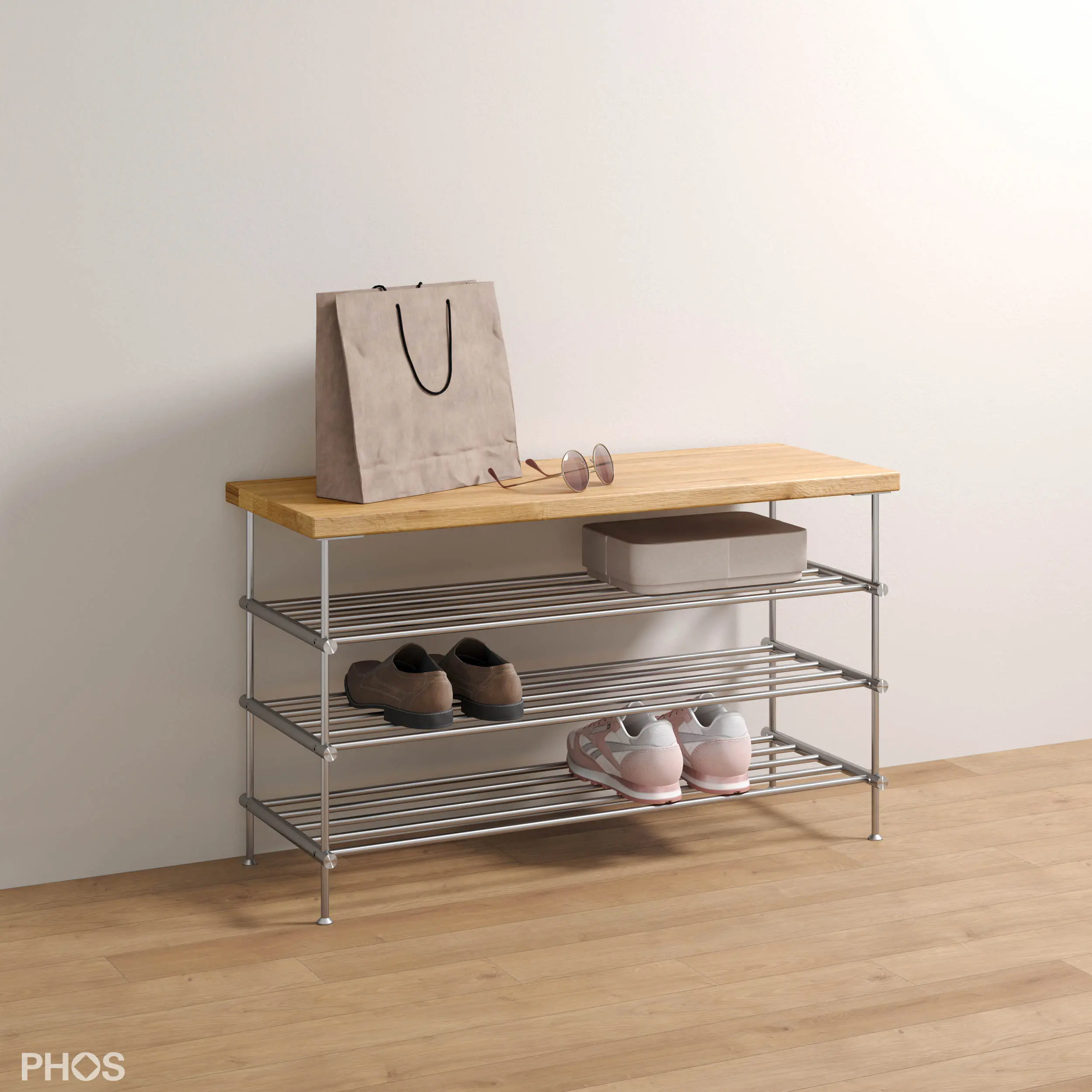 PHOS Design - Schuhbank mit Sitz- und Ablagefläche aus Eiche, 3 Ebenen - 80 cm breit