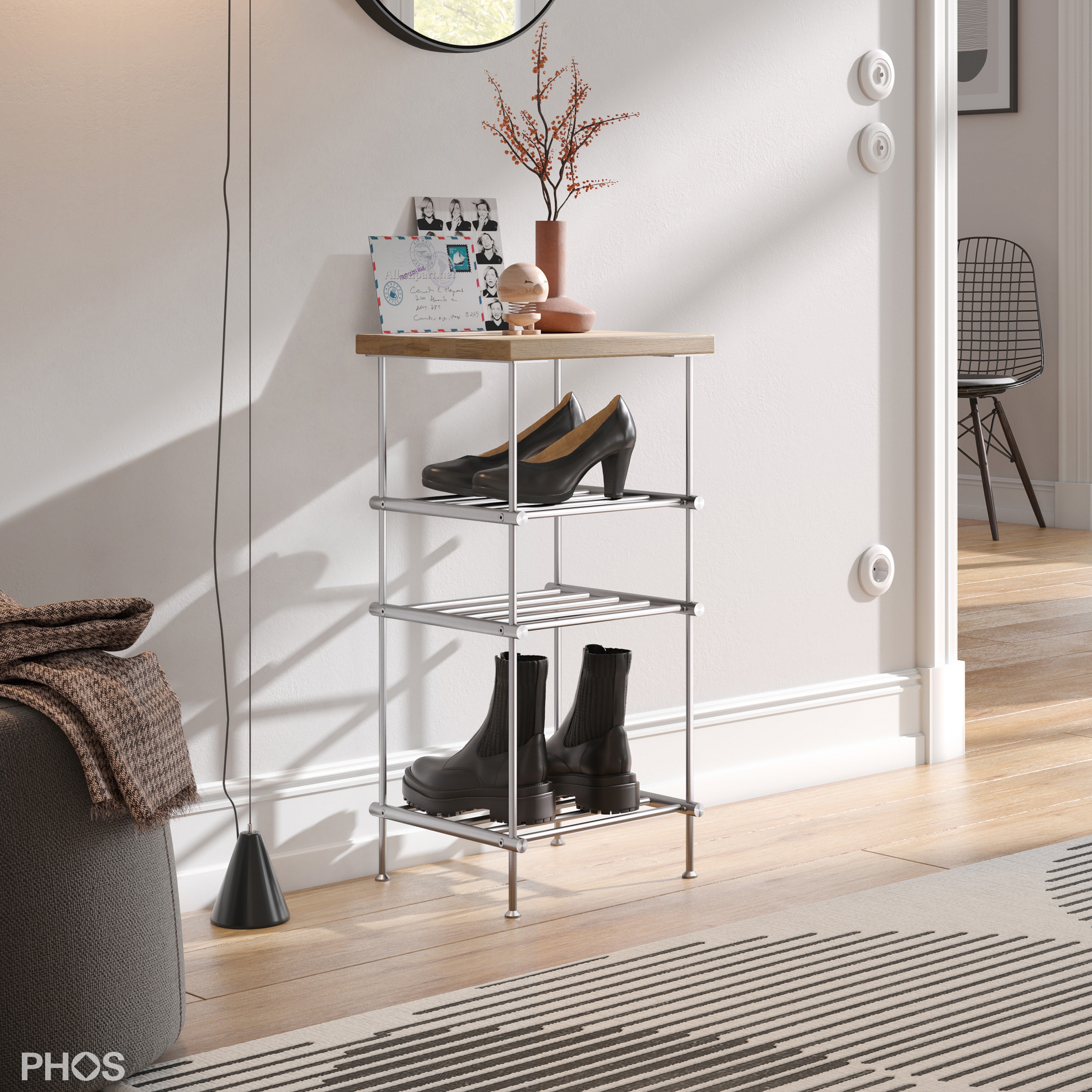 Produkt Schmales Schuhregal mit Ablage aus Eiche, 35 cm breit, 50 cm hoch, 3 Ebenen des Herstellers PHOS Design anzeigen