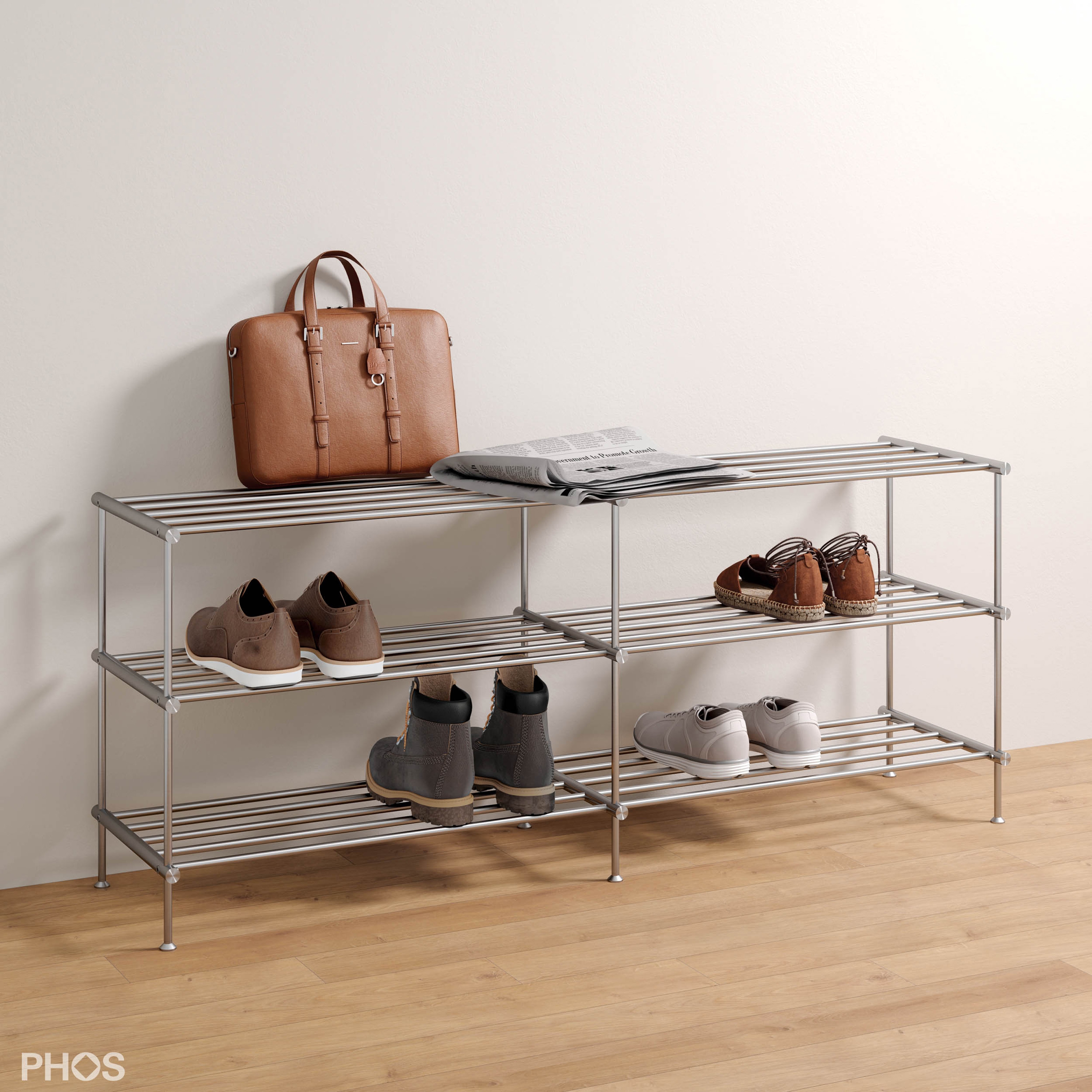 Produkt Breites Schuhregal mit 3 Ebenen, 120 cm breit des Herstellers PHOS Design anzeigen