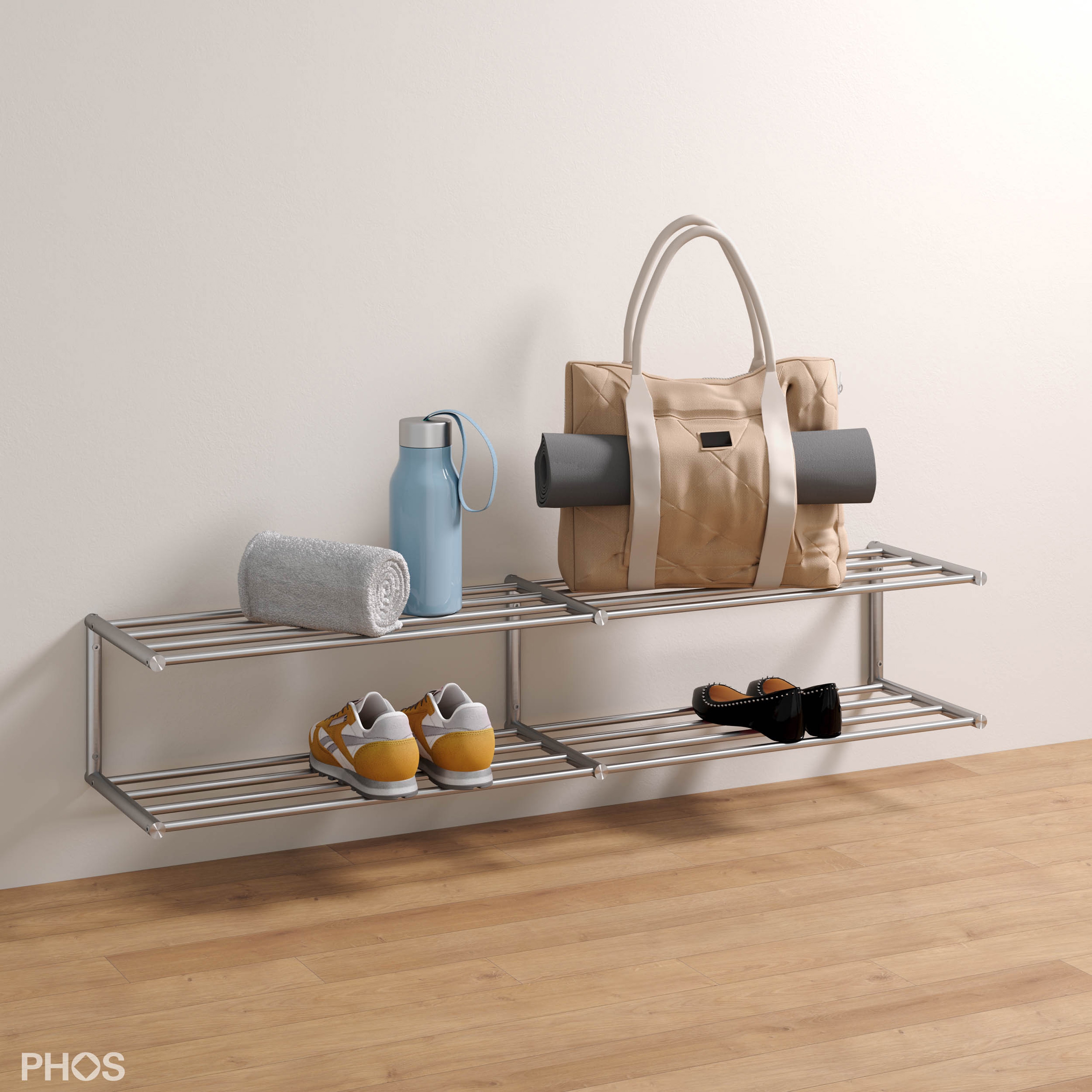 Display product Shoe rack with 2 levels made of stainless steel for wall mounting - 120 cm wide from manufacturer PHOS Design