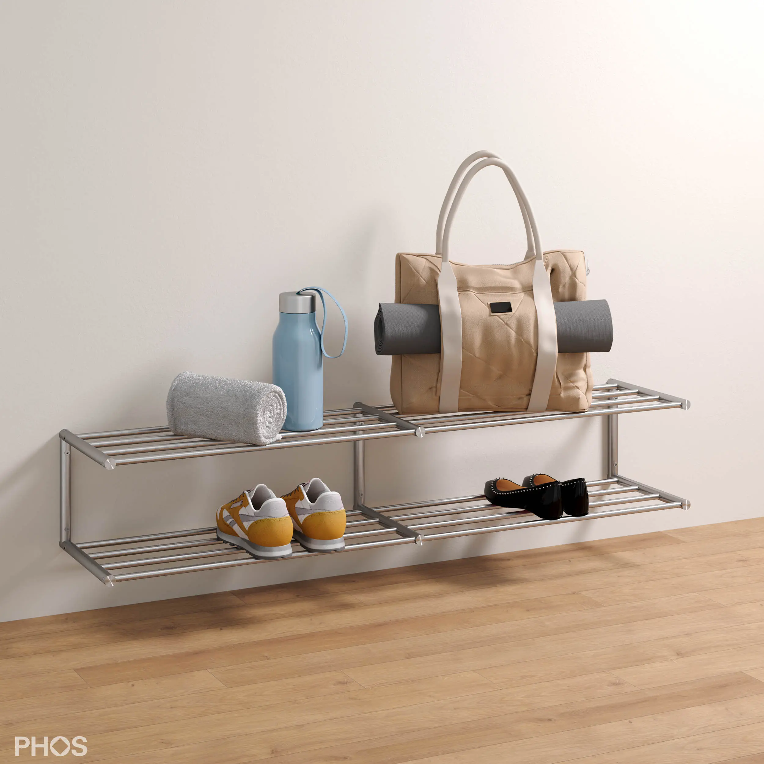PHOS Design - Scarpiera a 2 livelli in acciaio inox per montaggio a parete - larghezza 120 cm