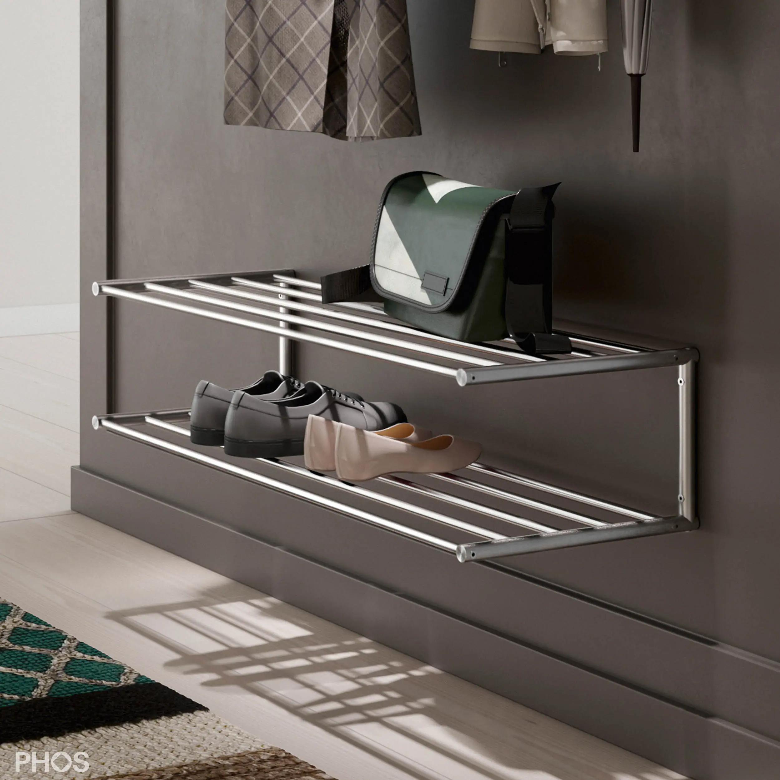 PHOS Design - Shoe rack for wall mounting, 60 cm wide, 2 levels