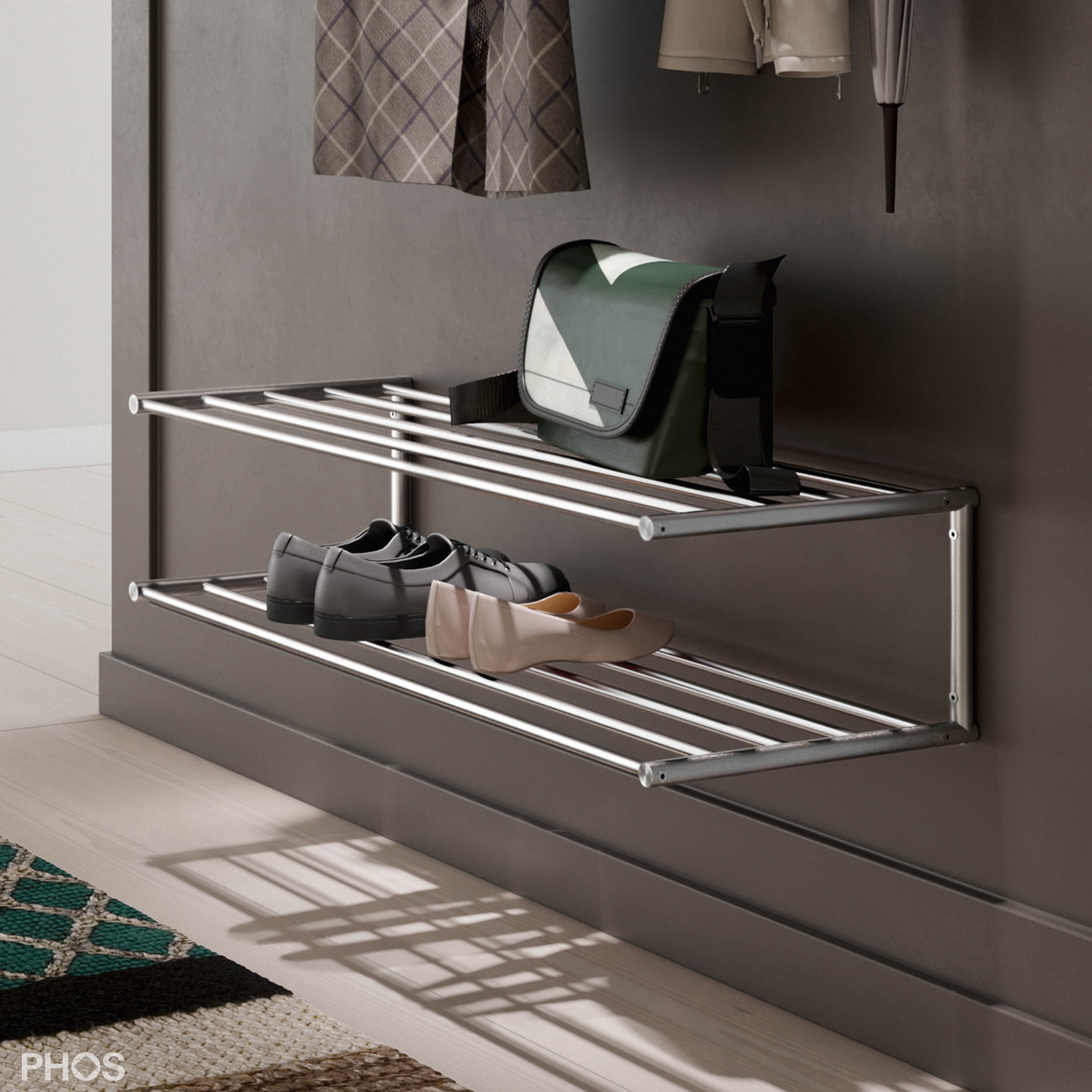 Produkt Schuhregal mit 2 Ebenen aus Edelstahl zur Wandmontage - 80 cm breit des Herstellers PHOS Design anzeigen