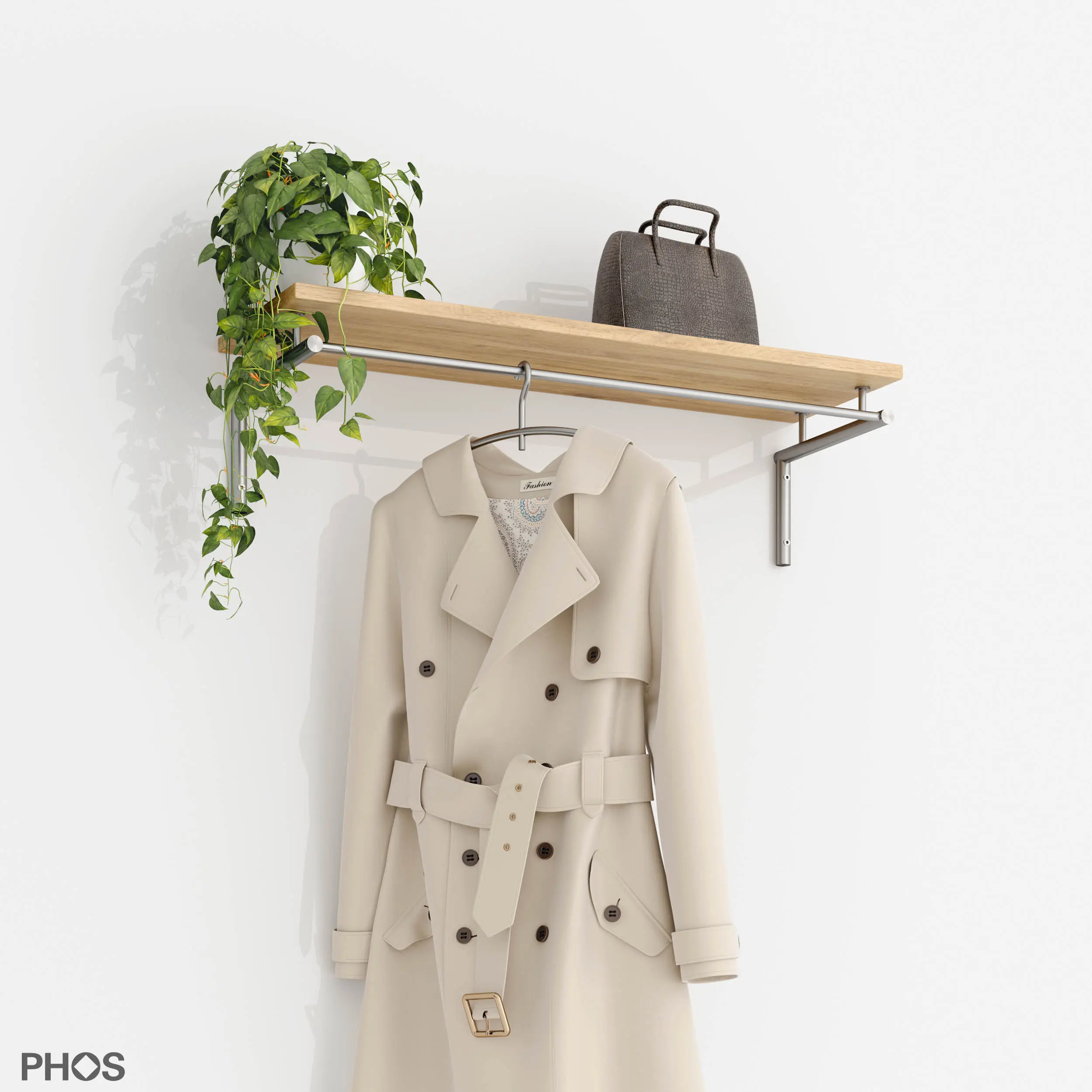 WALL COAT RACK WITH FULL-LENGTH CLOTHES RAIL AND OAK HAT SHELF - 100 CM ...