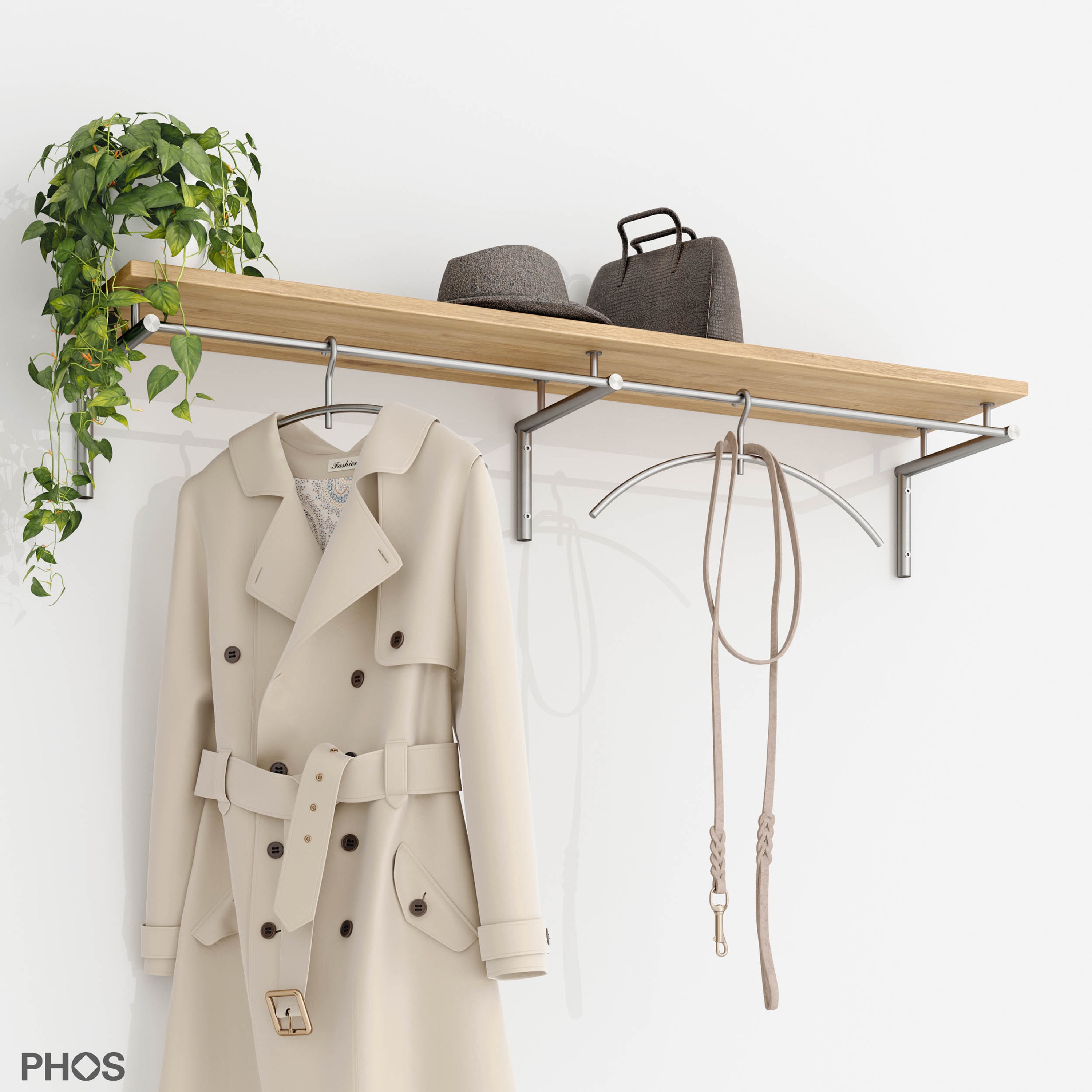 Produkt Wandgarderobe mit durchgehender Kleiderstange und Eiche-Hutablage - 120 cm breit des Herstellers PHOS Design anzeigen