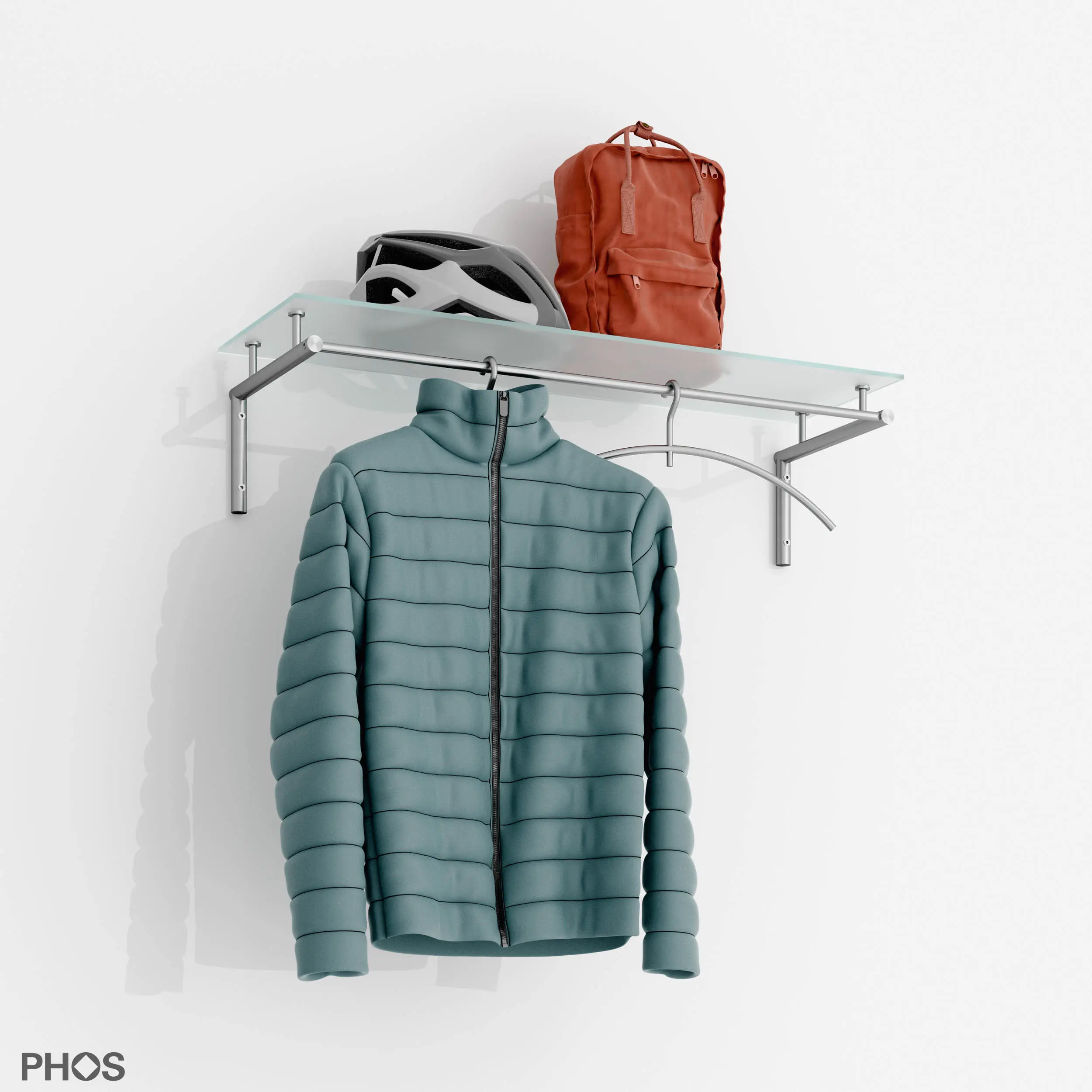 PHOS Design - Wall coat rack with full-length clothes rail and glass hat shelf - 80 cm wide