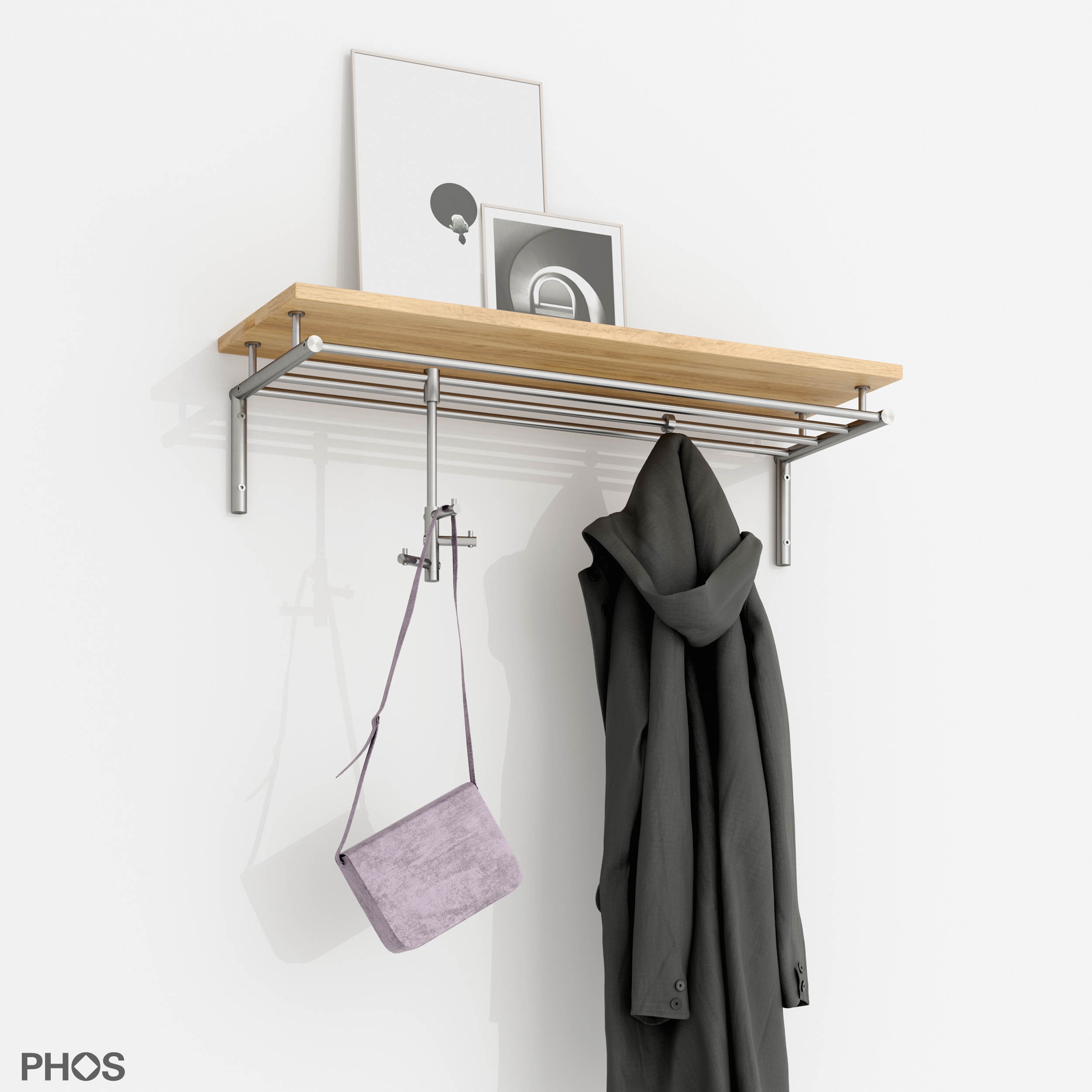 Display product Wall coat rack with 4 clothes rails and oak hat shelf - 100 cm wide from manufacturer PHOS Design