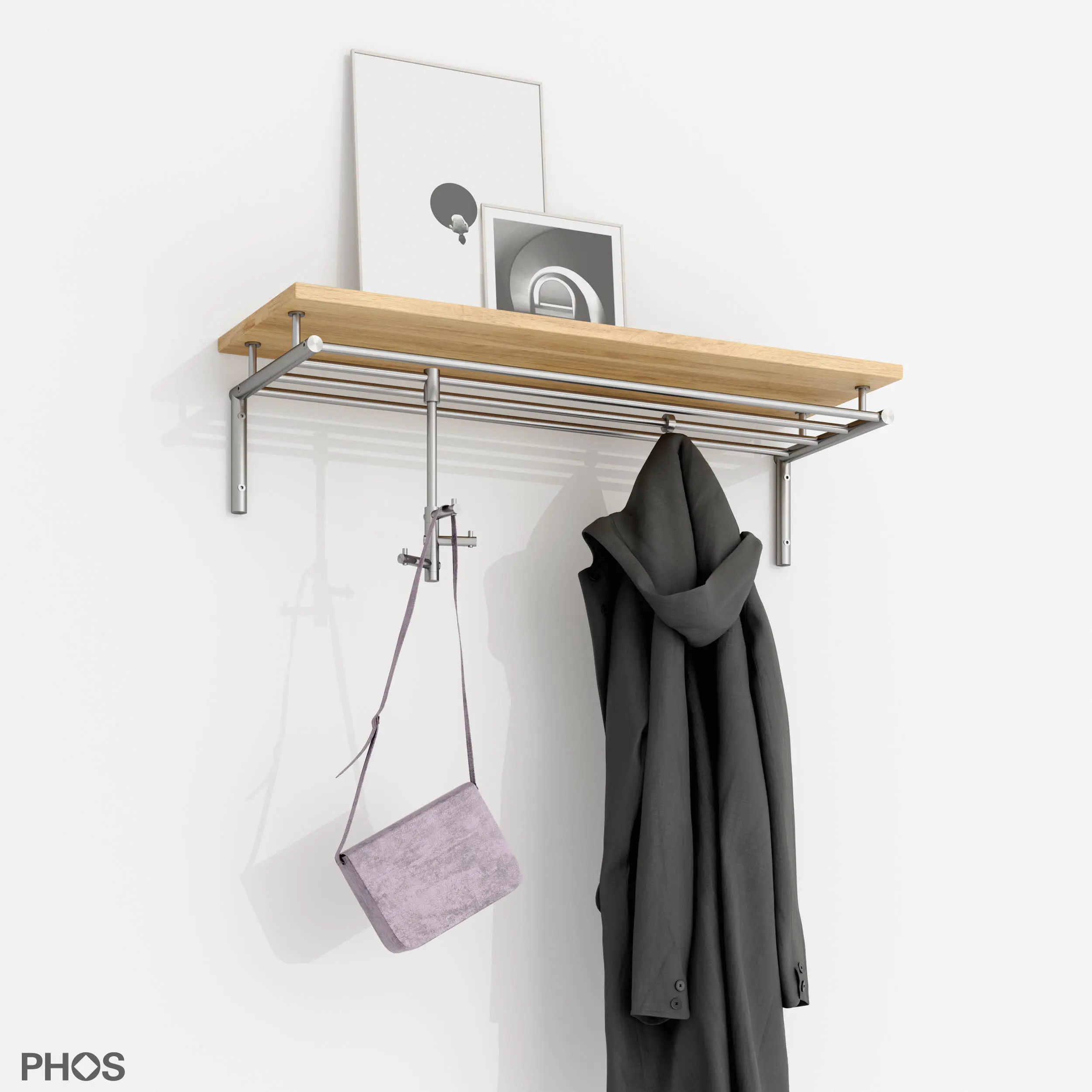 PHOS Design - Wall coat rack with 4 clothes rails and oak hat shelf - 100 cm wide