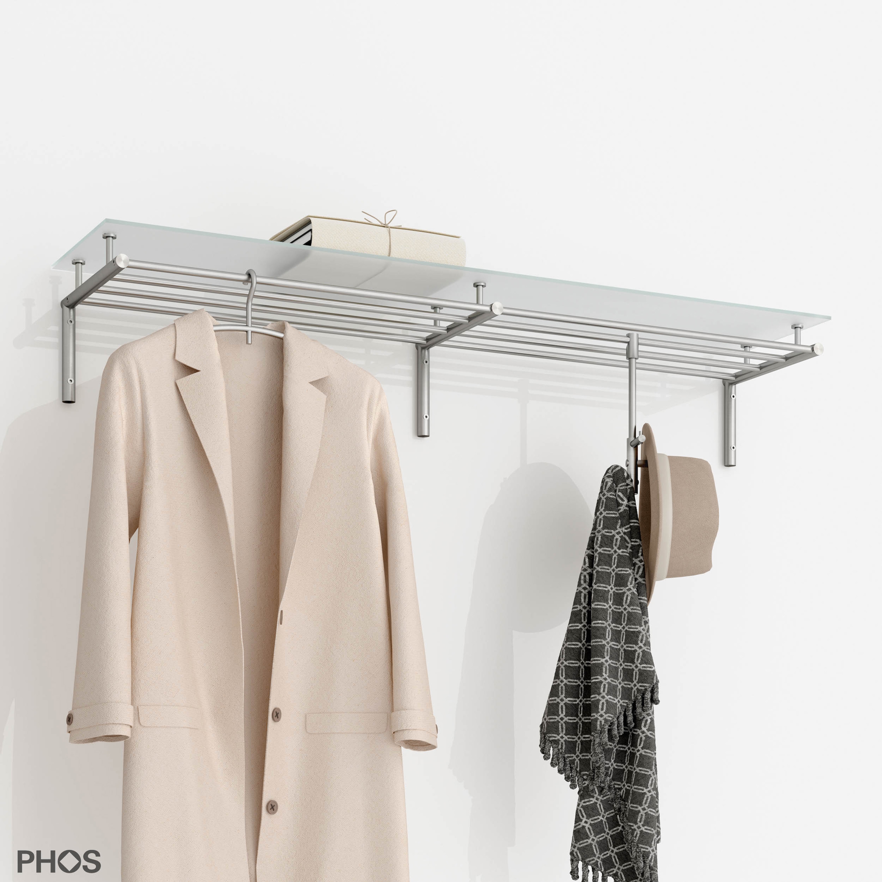 Produkt Wandgarderobe mit 4 Kleiderstangen und Glas-Hutablage - 120 cm breit des Herstellers PHOS Design anzeigen