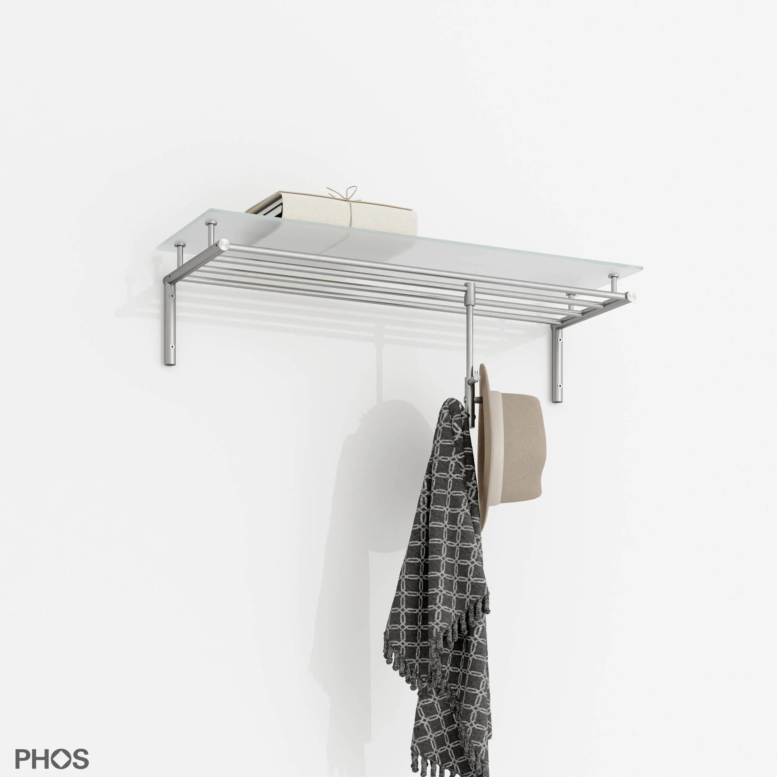 PHOS Design - Wall coat rack with 4 clothes rails and glass hat shelf - 80 cm wide