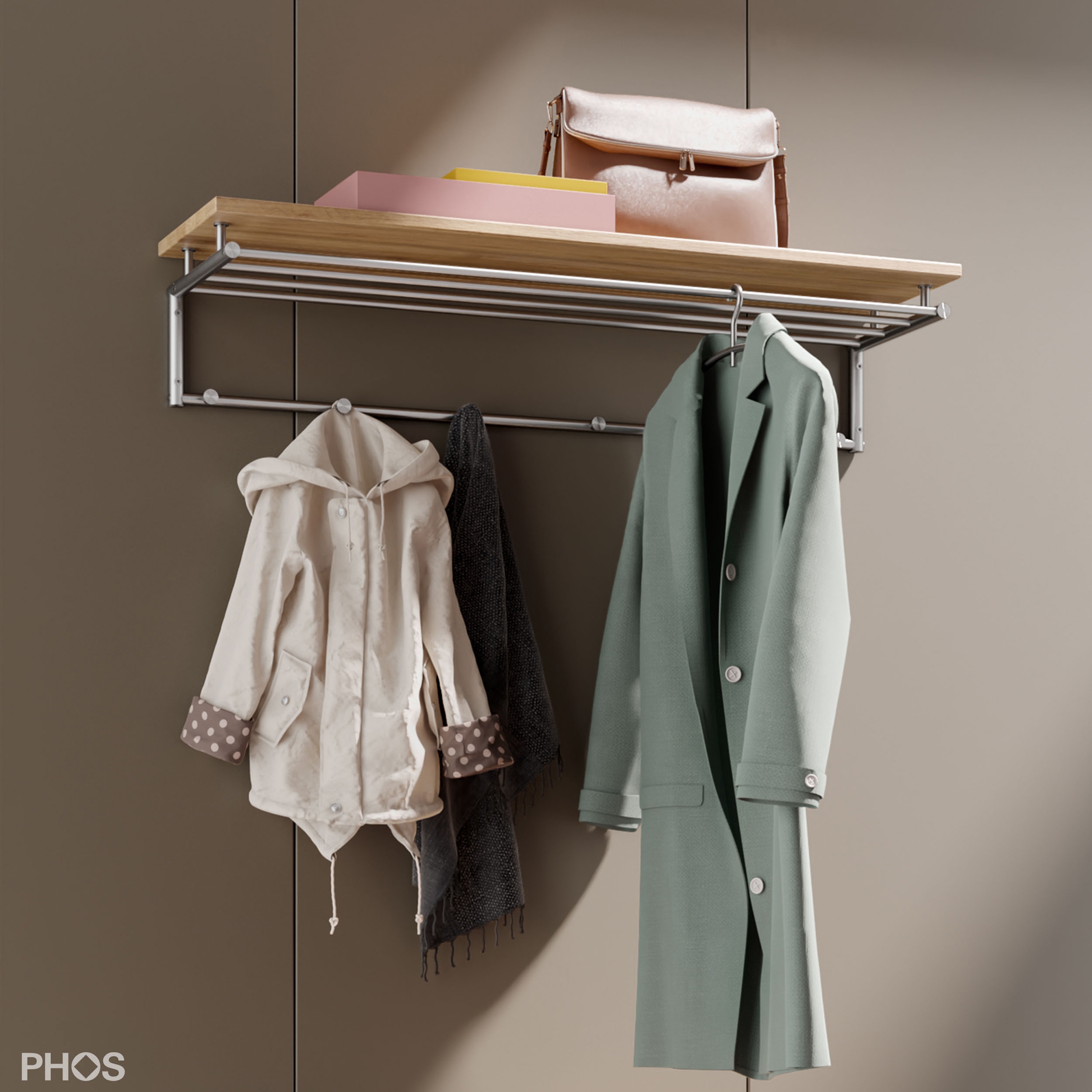 Mostrar el producto Perchero de pared para perchas con 6 ganchos y estante de roble para sombreros - 100 cm de ancho del fabricante PHOS Design