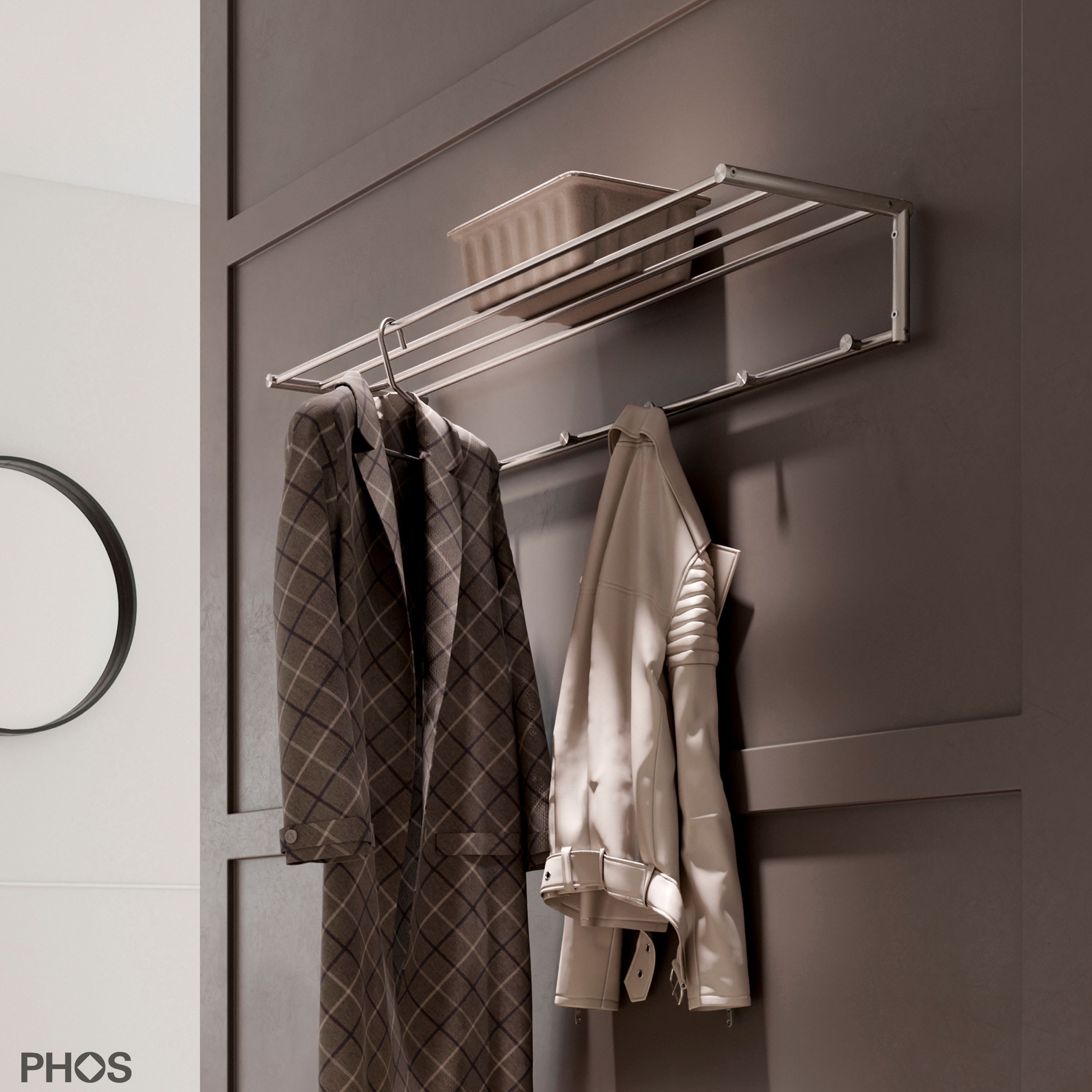 Produkt Wandgarderobe für Kleiderbügel mit 5 Haken und Hutablage - 60 cm breit des Herstellers PHOS Design anzeigen