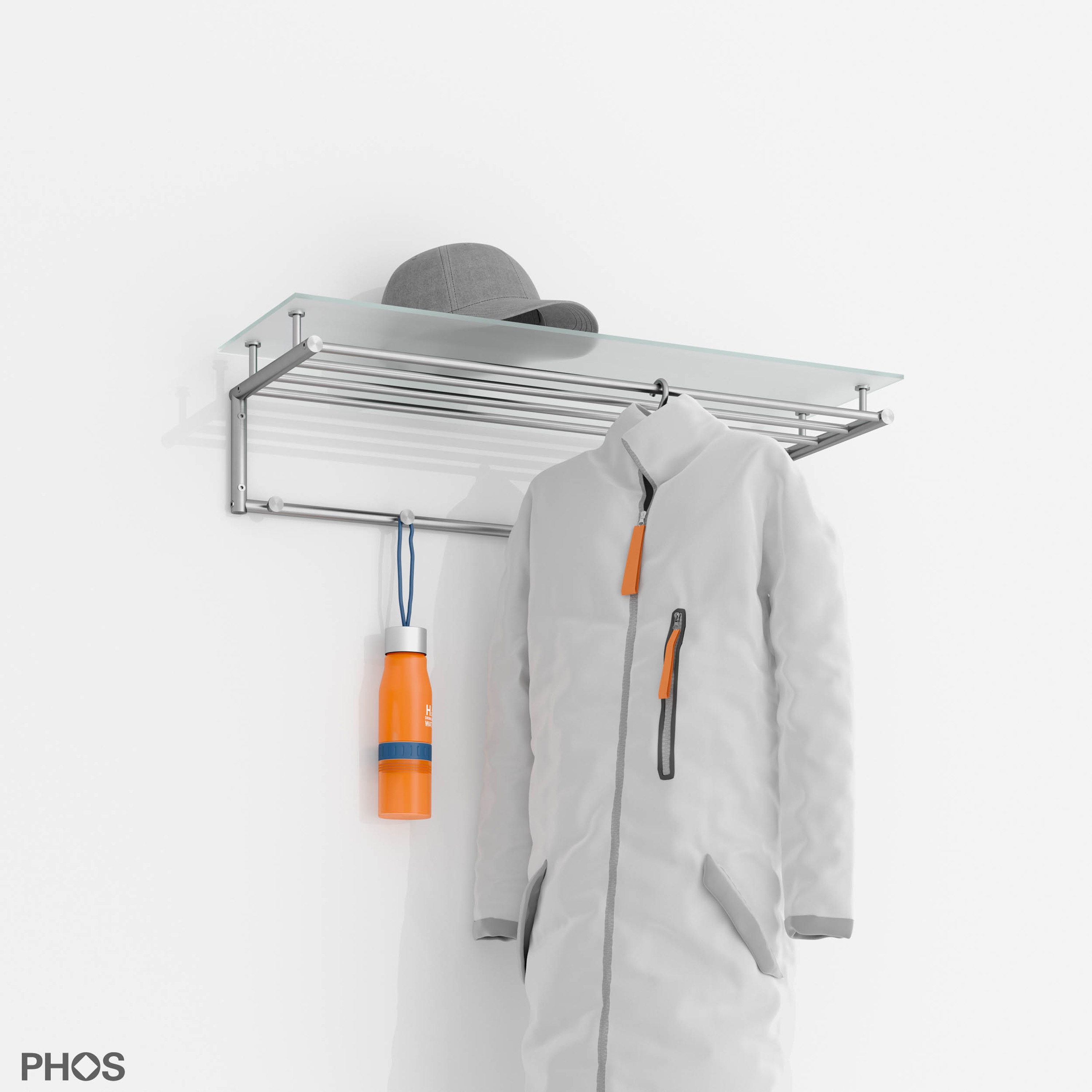 Produkt Wandgarderobe für Kleiderbügel mit 5 Haken und Glas-Hutablage - 80 cm breit des Herstellers PHOS Design anzeigen
