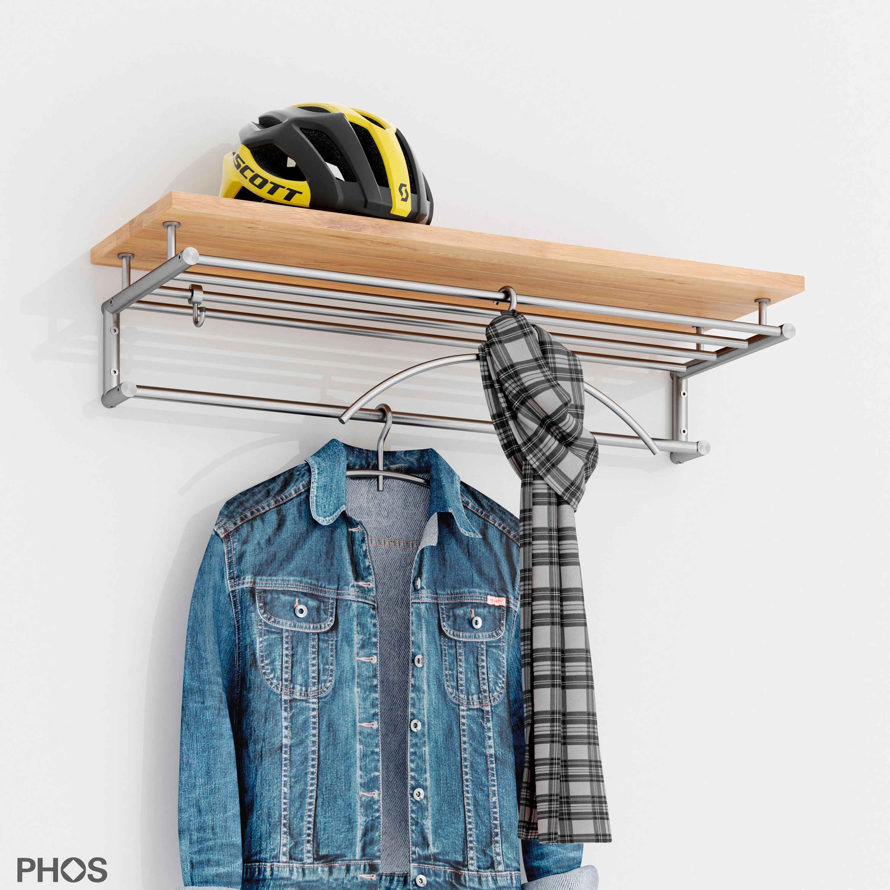 Afficher le produit Portemanteau mural en acier inoxydable de haute qualité avec porte-chapeaux en chêne - largeur 100 cm du fabricant PHOS Design