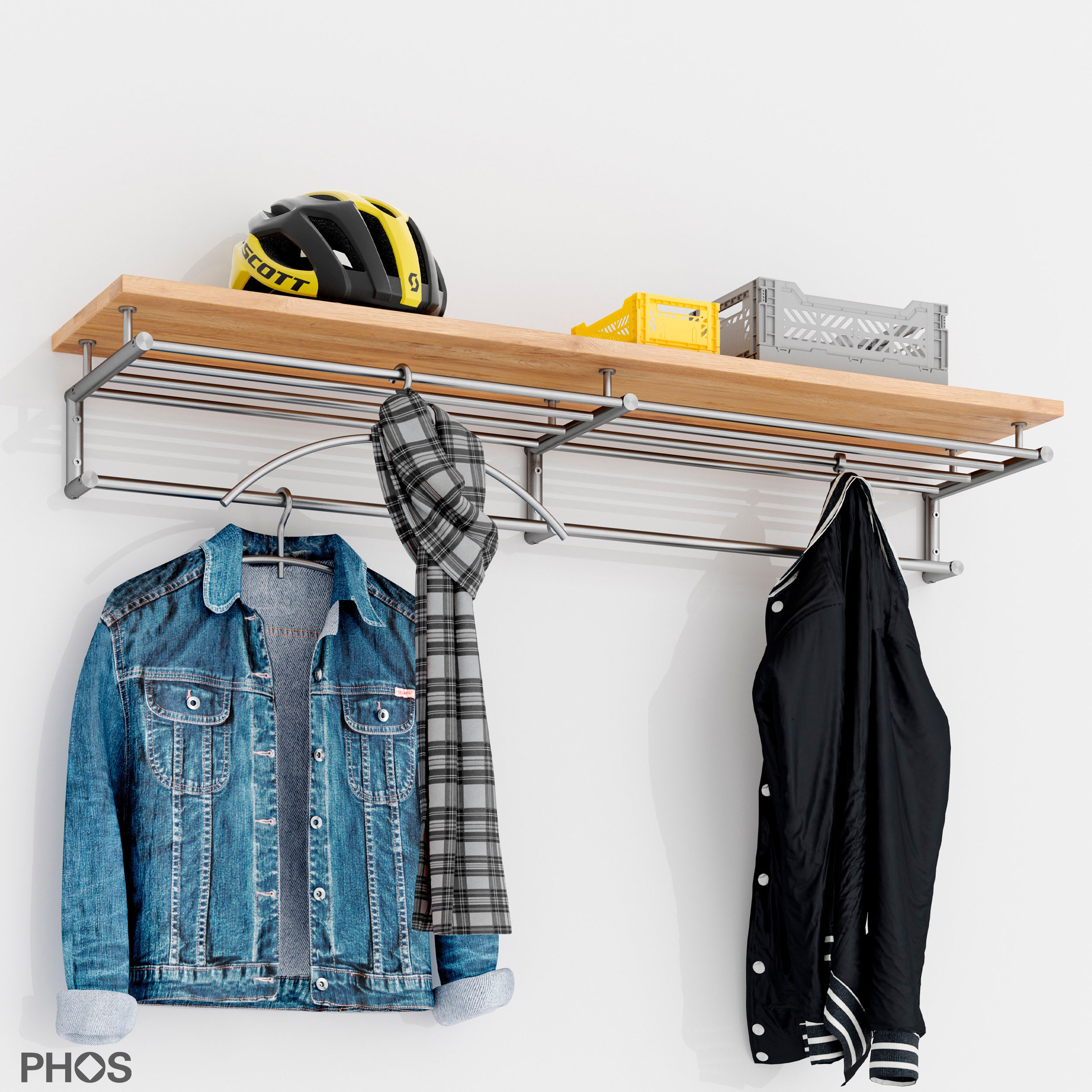 Produkt Hochwertige Edelstahl Wandgarderobe mit Eiche-Hutablage - 120 cm breit des Herstellers PHOS Design anzeigen