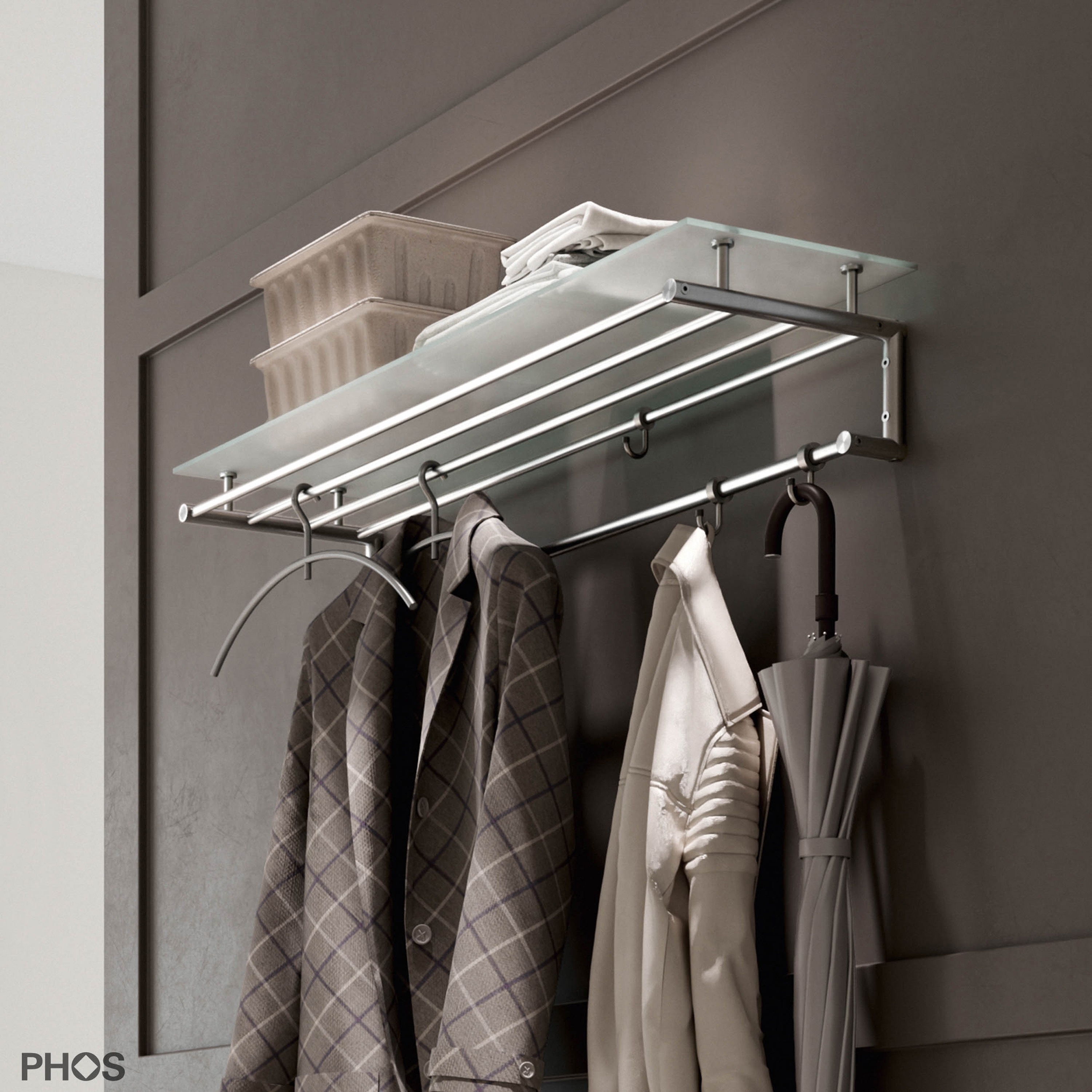 Produkt Hochwertige Edelstahl Wandgarderobe mit Glas-Hutablage - 80 cm breit des Herstellers PHOS Design anzeigen