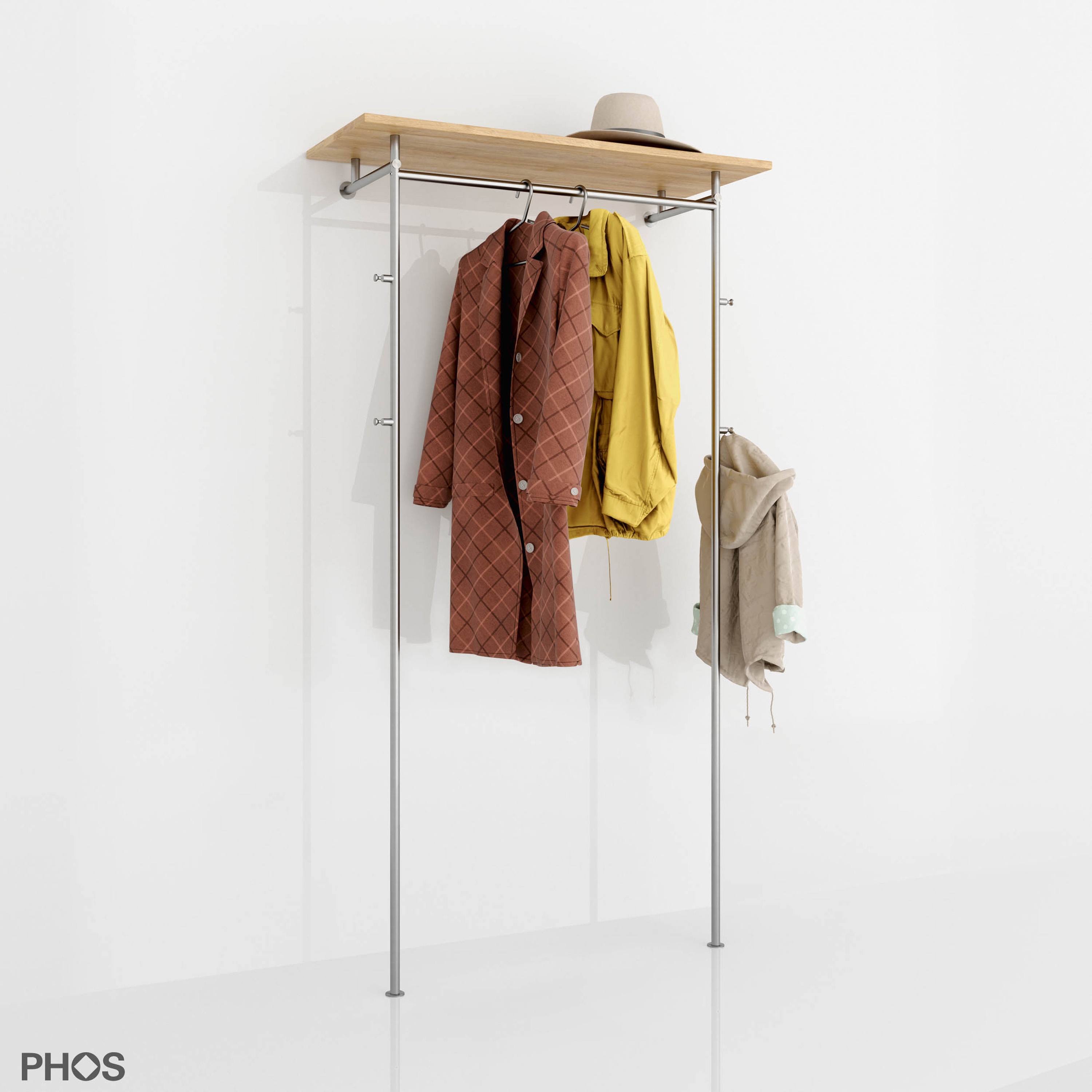 Mostra il prodotto Appendiabiti da corridoio in acciaio inox di alta qualità con ripiano in legno - larghezza 100 cm del produttore PHOS Design