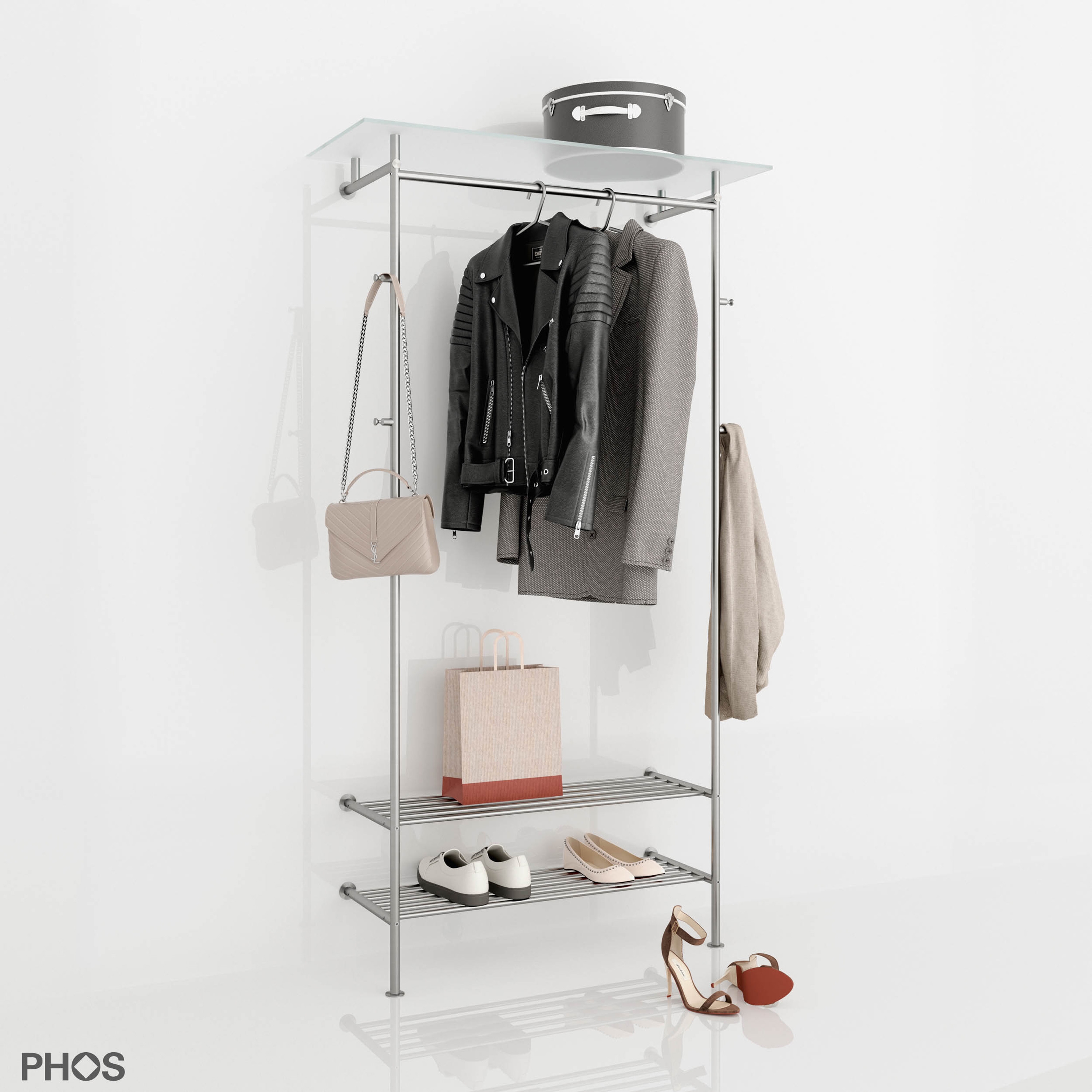 Vertoon produk High-quality hallway coat rack with shoe rack and glass shelf - 80 cm wide van vervaardiger PHOS Design