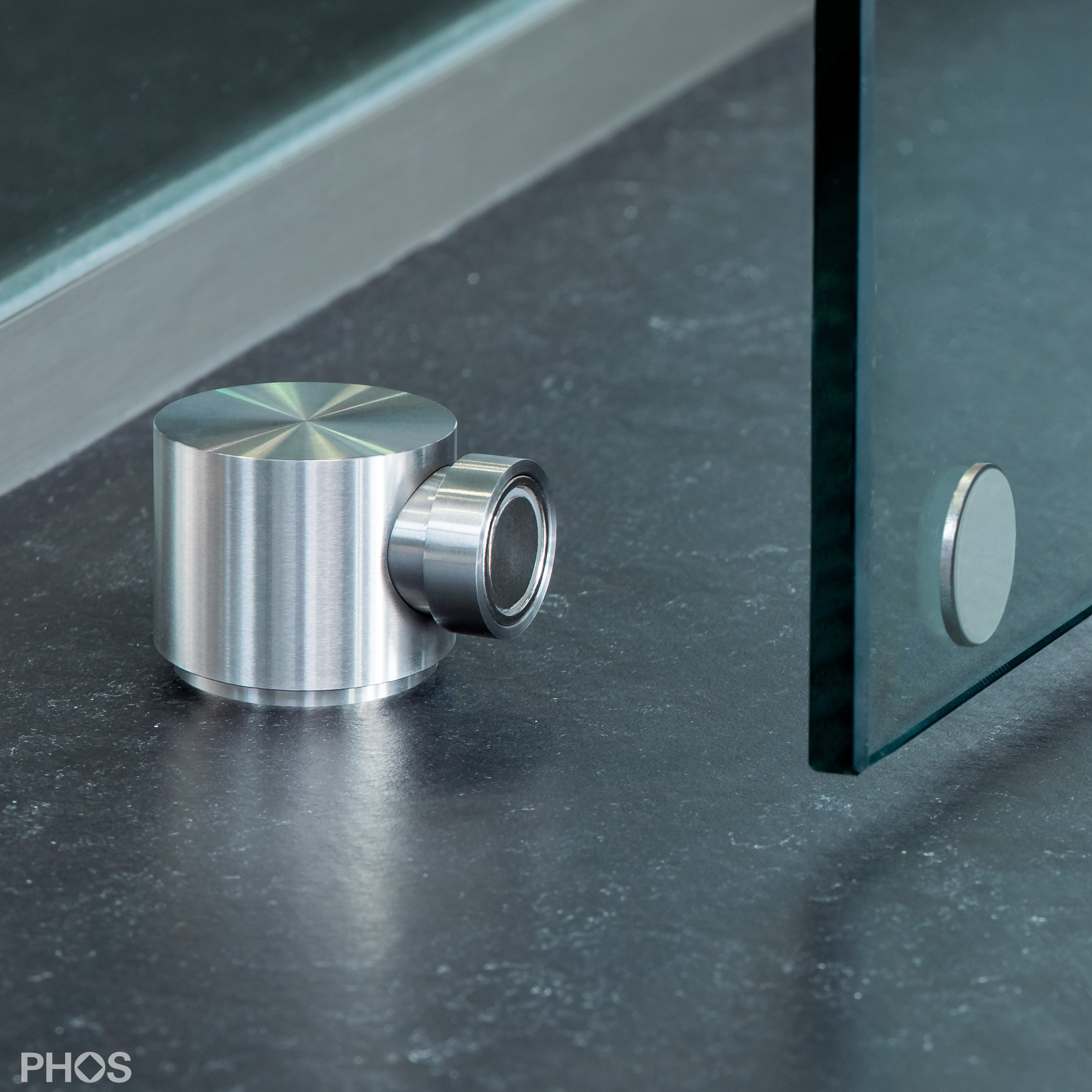 Display product Door retainer made of solid stainless steel with magnetic stop buffer from manufacturer PHOS Design