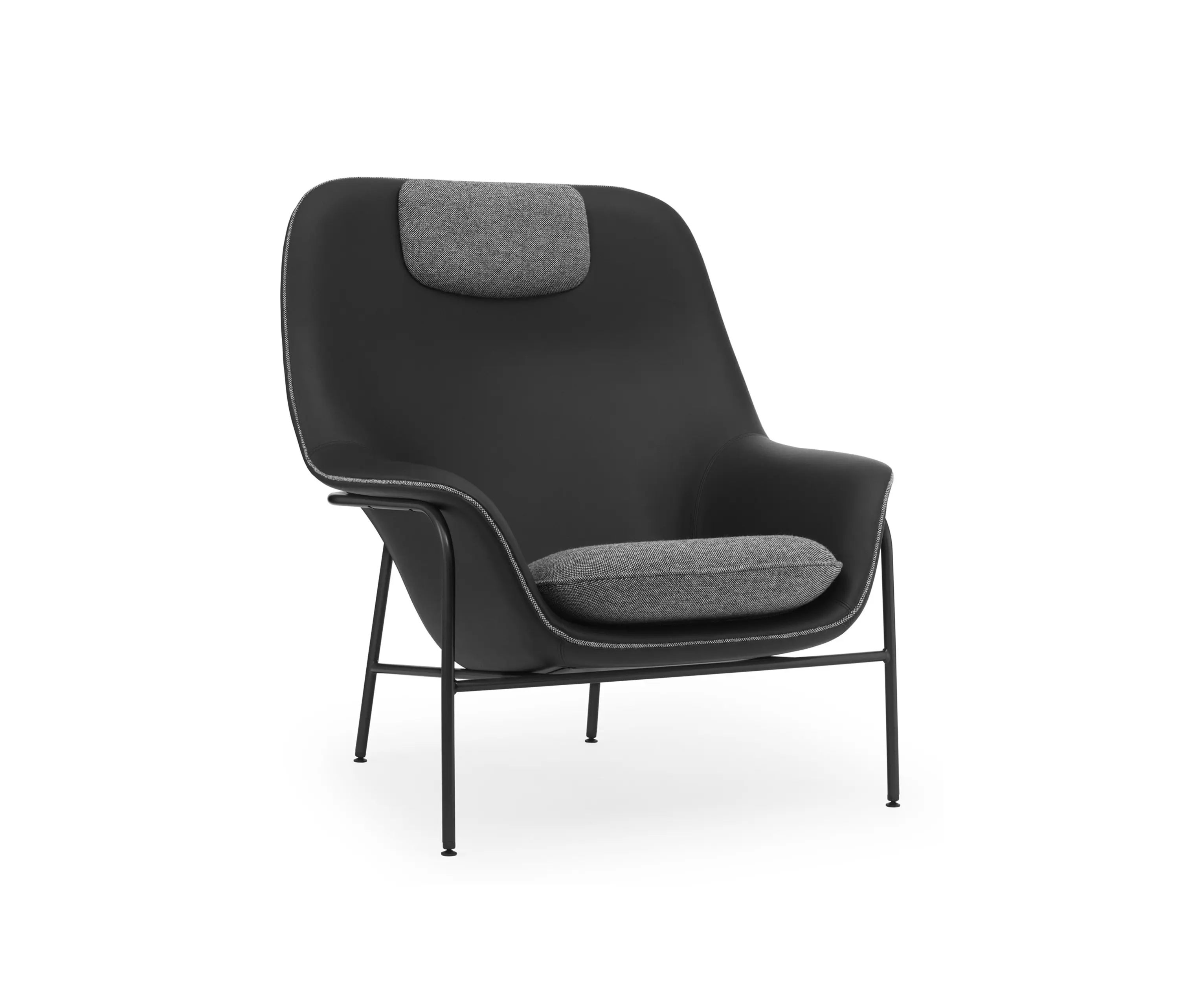 Normann Copenhagen - Drape Lounge Chair High W. Headrest Black Steel Ultra Leather/Hallingdal