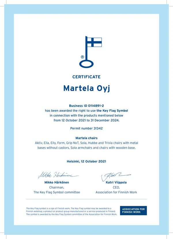 Preview image for the file Key_Flag_certificate_2024_EN_Martela_chairs_v2