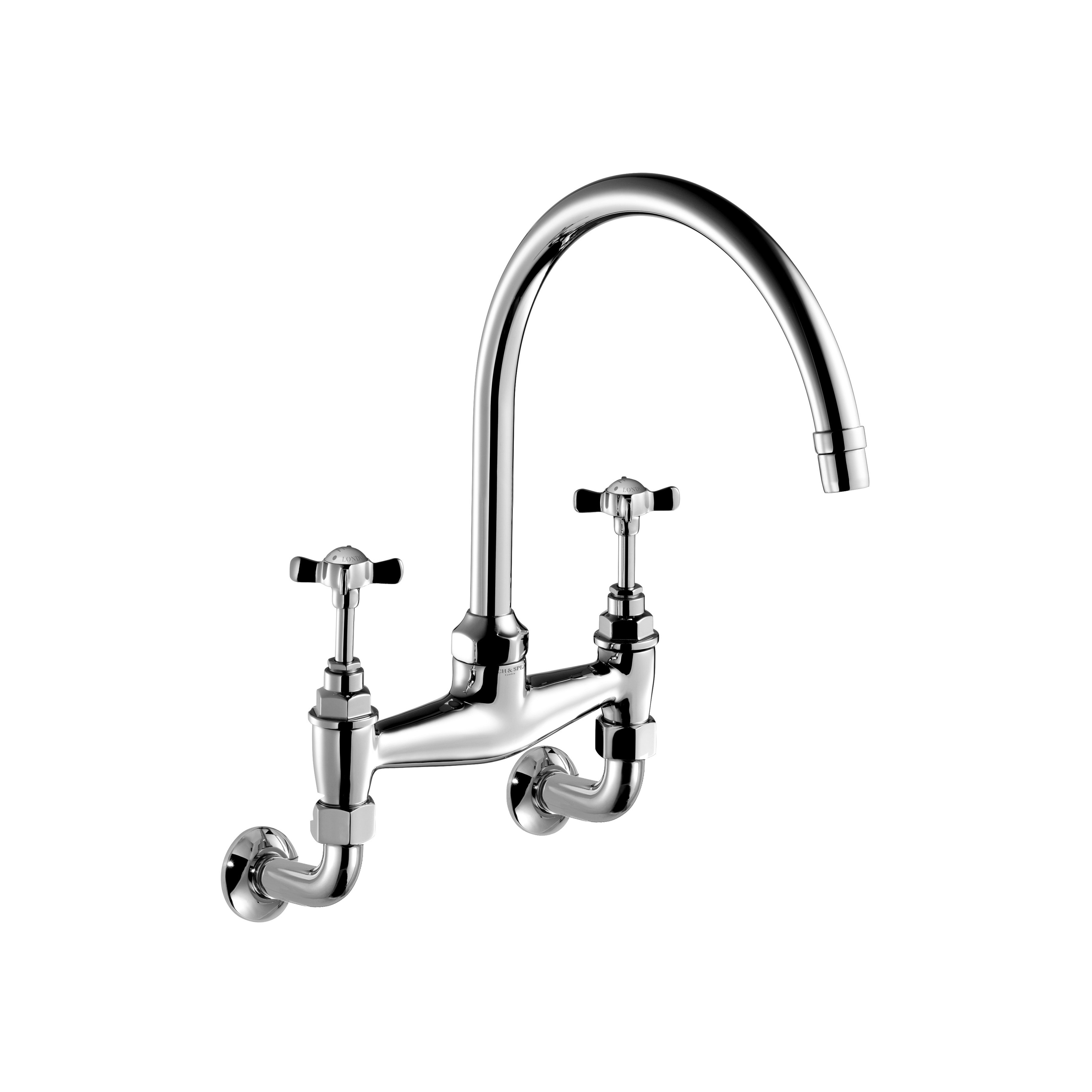 Display product Edwardian Cross Top, Two-Hole Kitchen Sink Bridge Mixer 260mm (10″) Spout | Wall Mounted from manufacturer Czech & Speake
