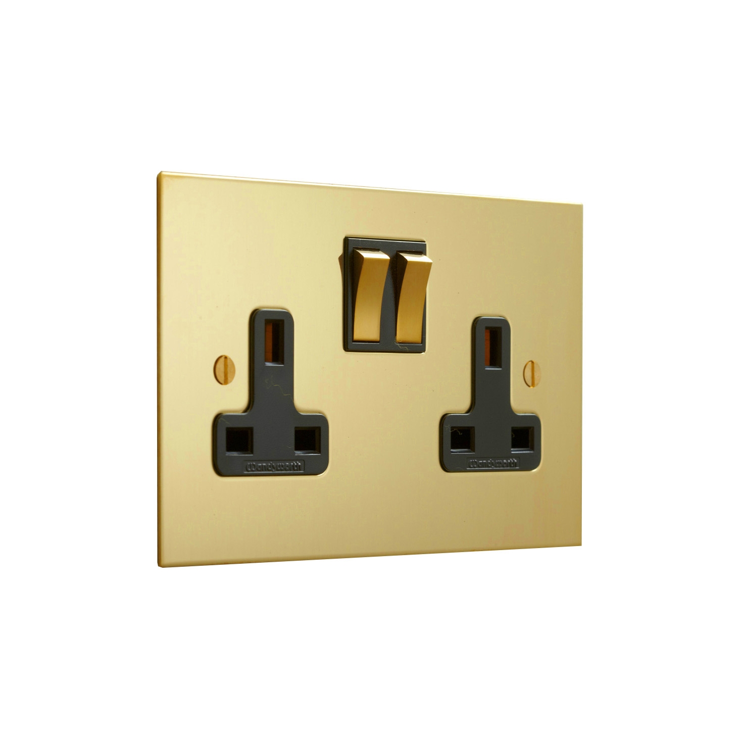 Display product Unlacquered Brass double 13amp socket with black insert from manufacturer Forbes & Lomax
