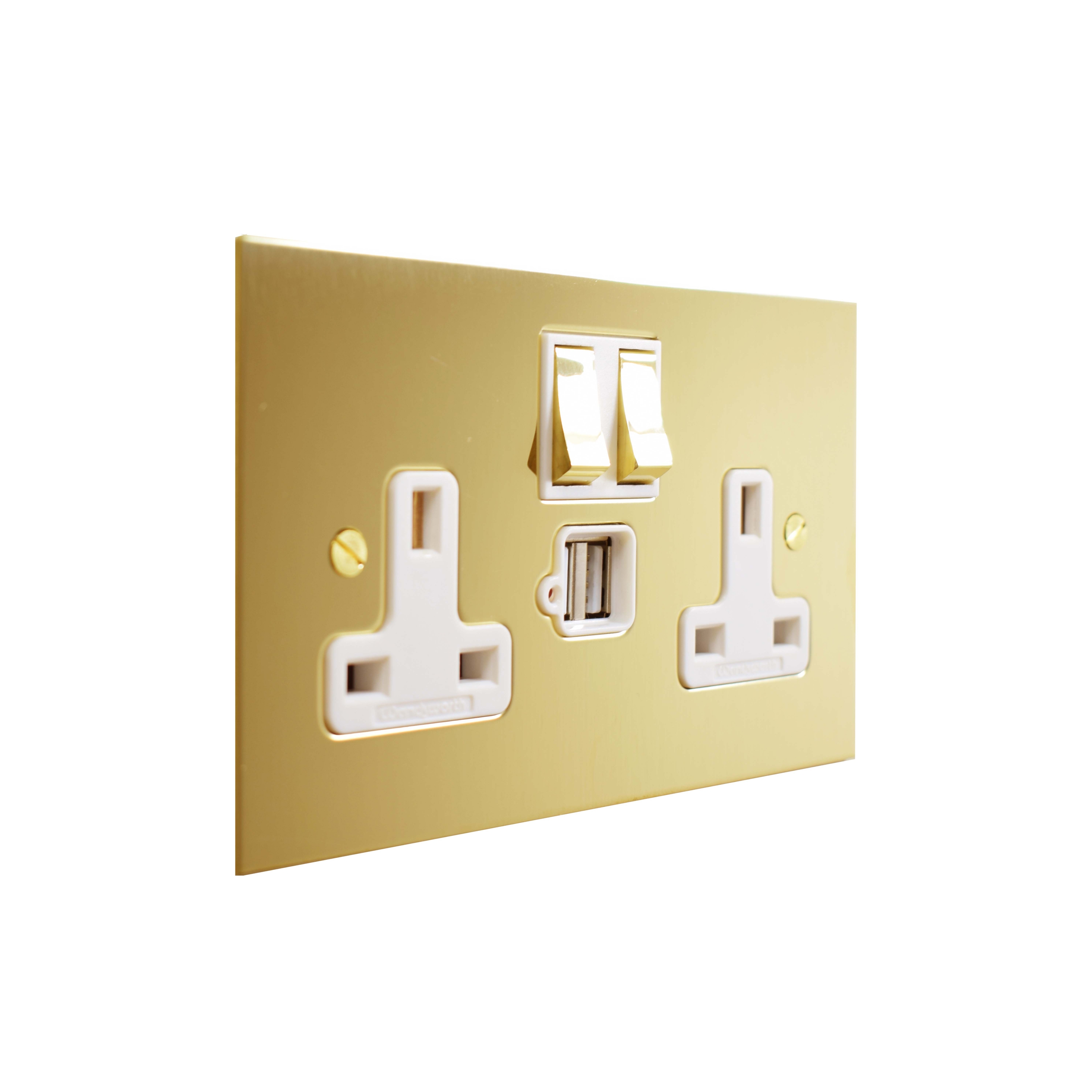 Display product Unlacquered Brass double 13amp socket with USB from manufacturer Forbes & Lomax